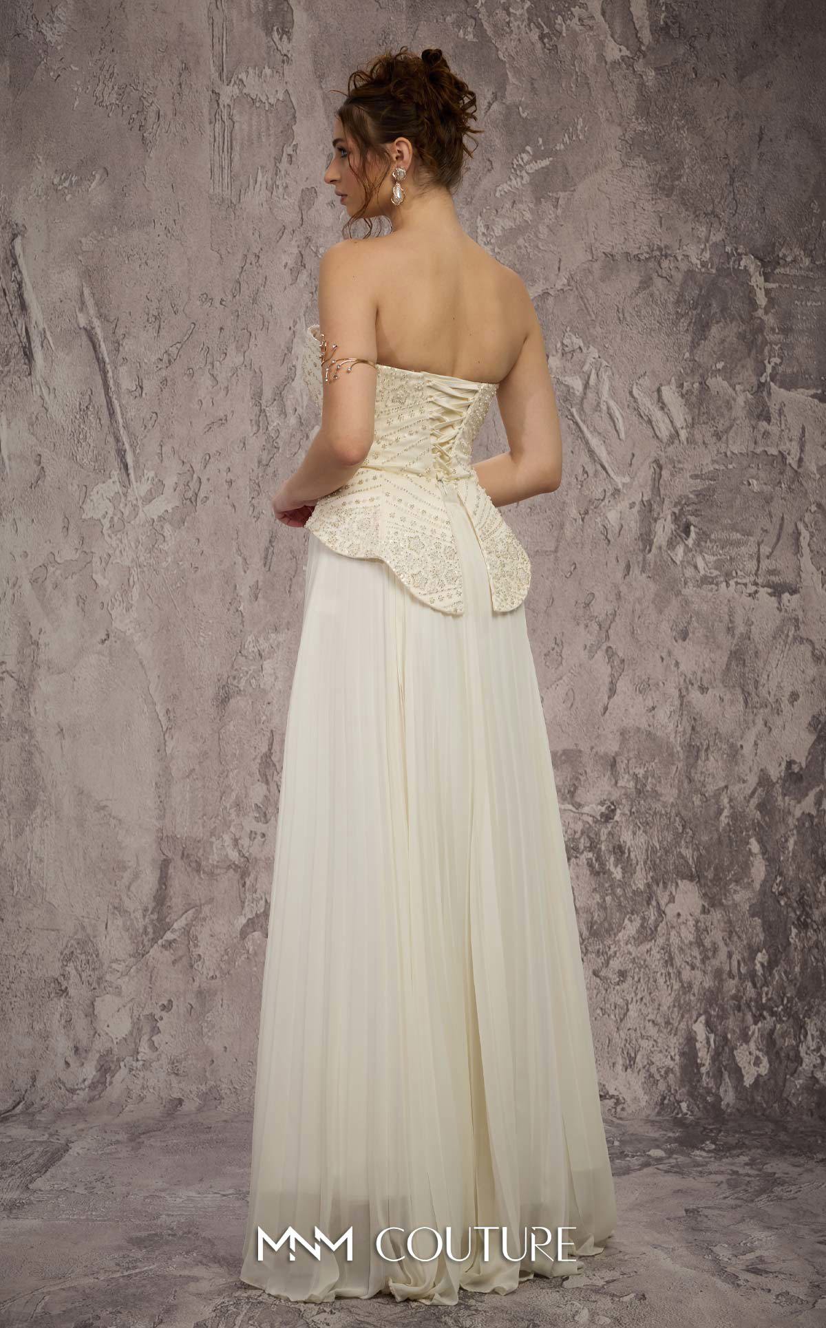 MNM Couture Q7715 White Strapless Sweetheart Neckline Beaded Corset Chiffon A-Line Gown