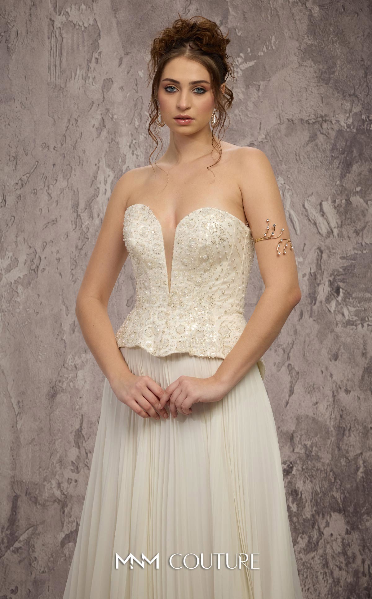 MNM Couture Q7715 White Strapless Sweetheart Neckline Beaded Corset Chiffon A-Line Gown