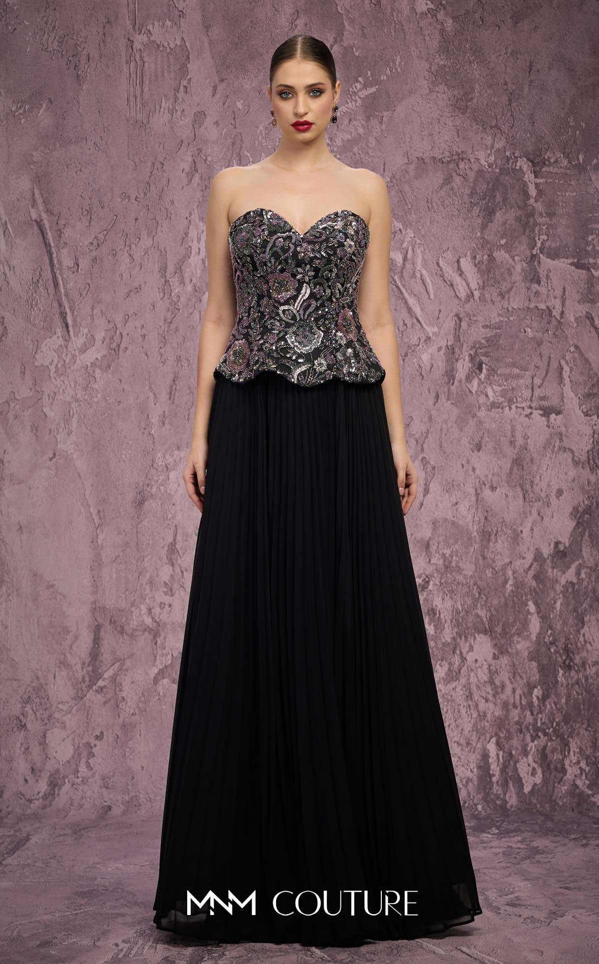 MNM Couture Q7778 Black Strapless Sweetheart Beaded Corset Chiffon Gown