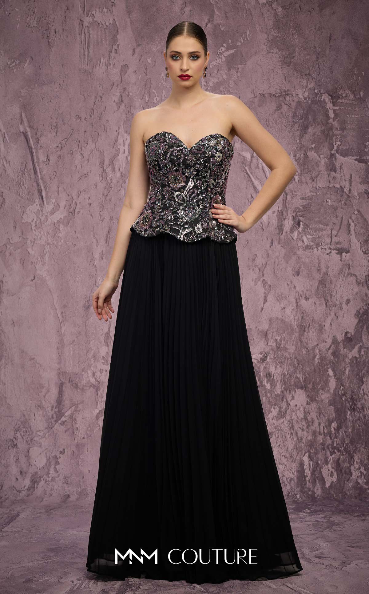 MNM Couture Q7778 Black Strapless Sweetheart Beaded Corset Chiffon Gown