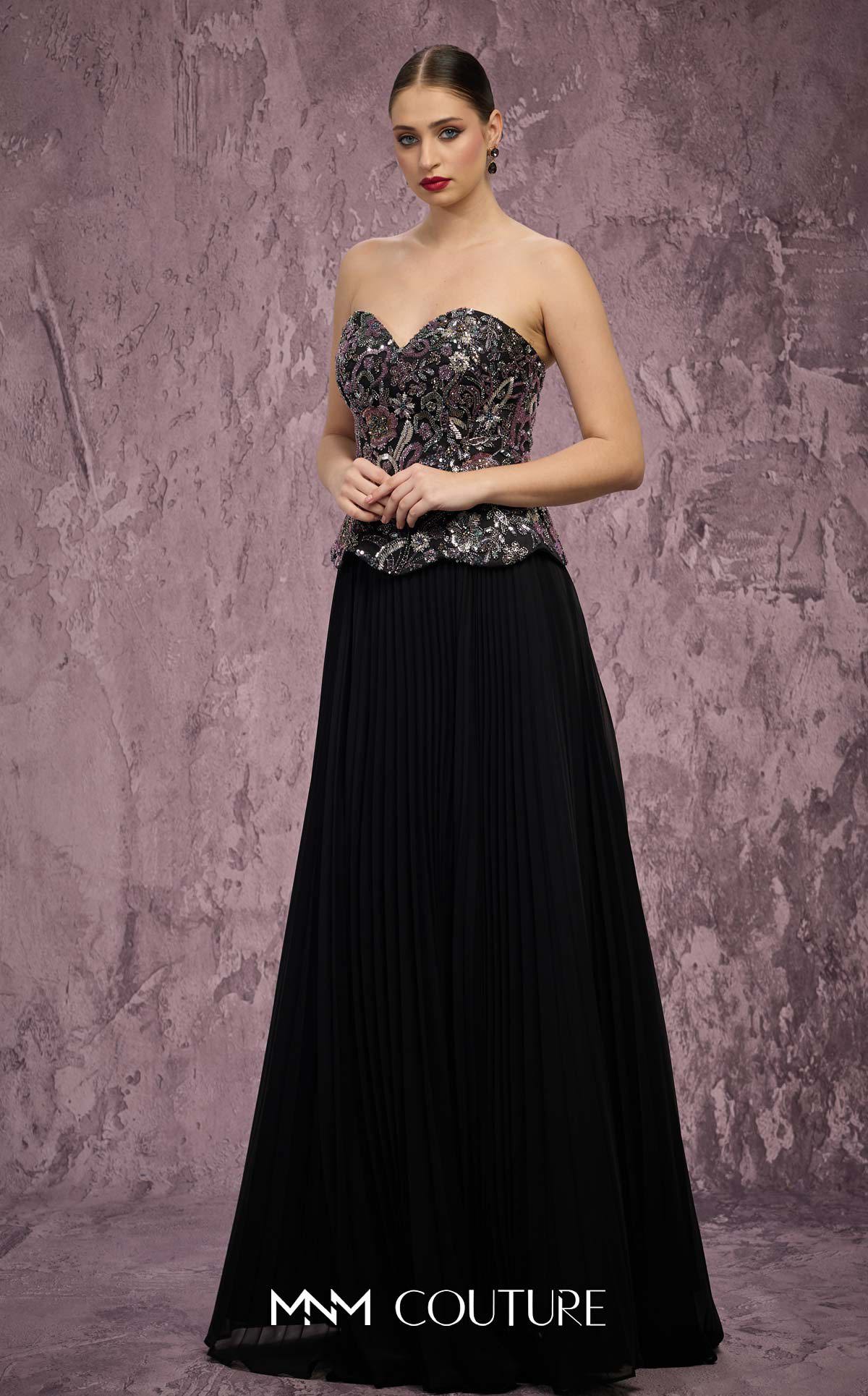 MNM Couture Q7778 Black Strapless Sweetheart Beaded Corset Chiffon Gown