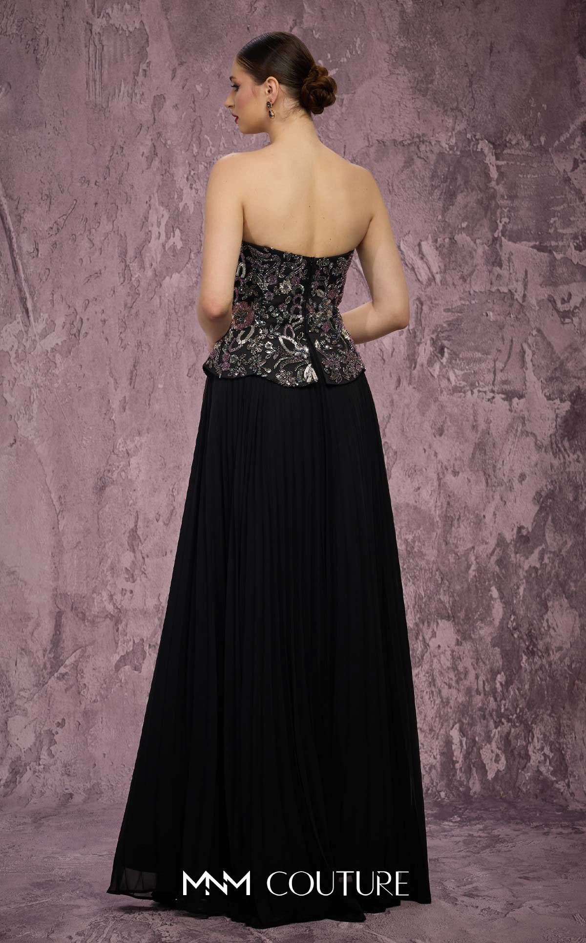 MNM Couture Q7778 Black Strapless Sweetheart Beaded Corset Chiffon Gown