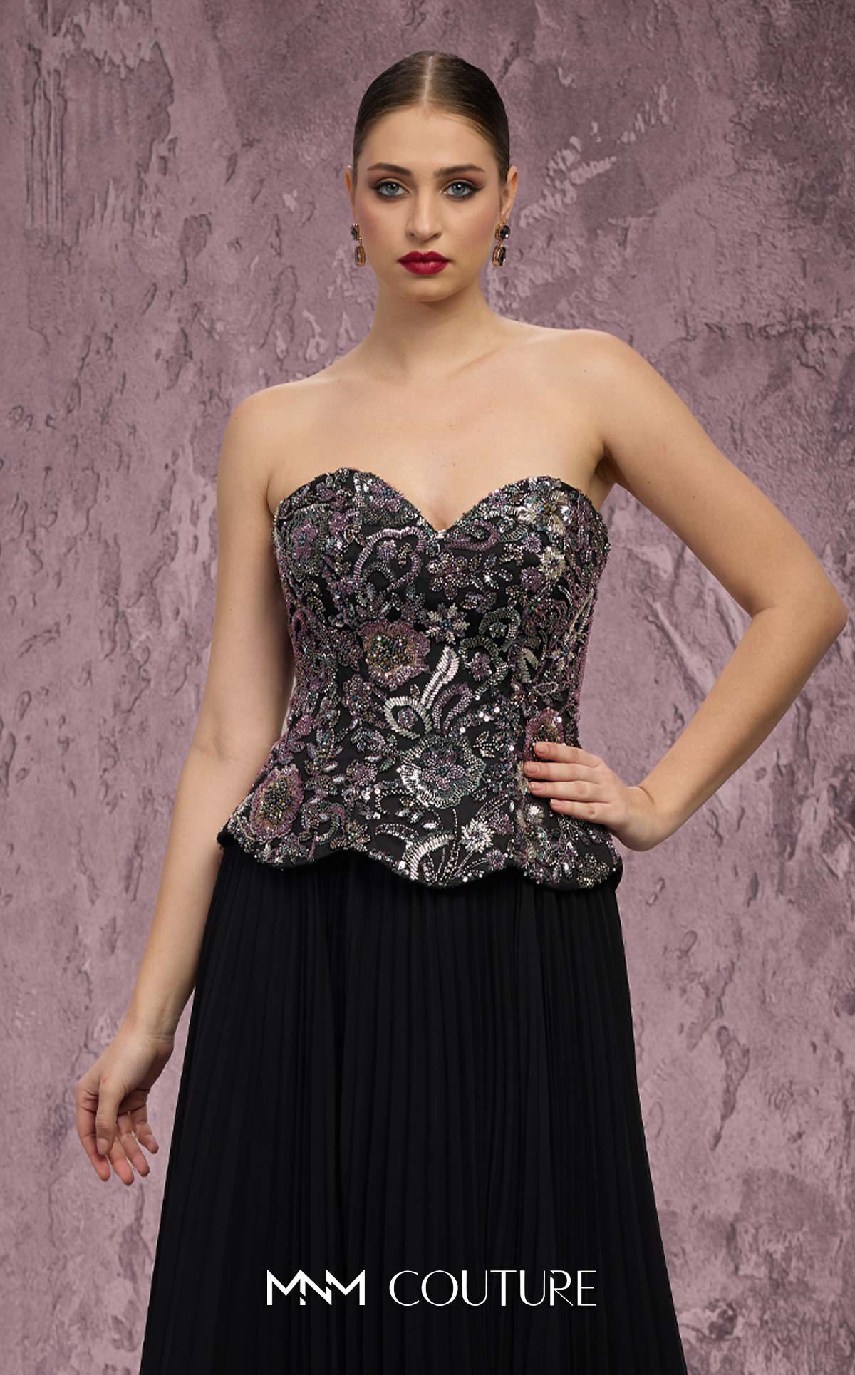 MNM Couture Q7778 Black Strapless Sweetheart Beaded Corset Chiffon Gown