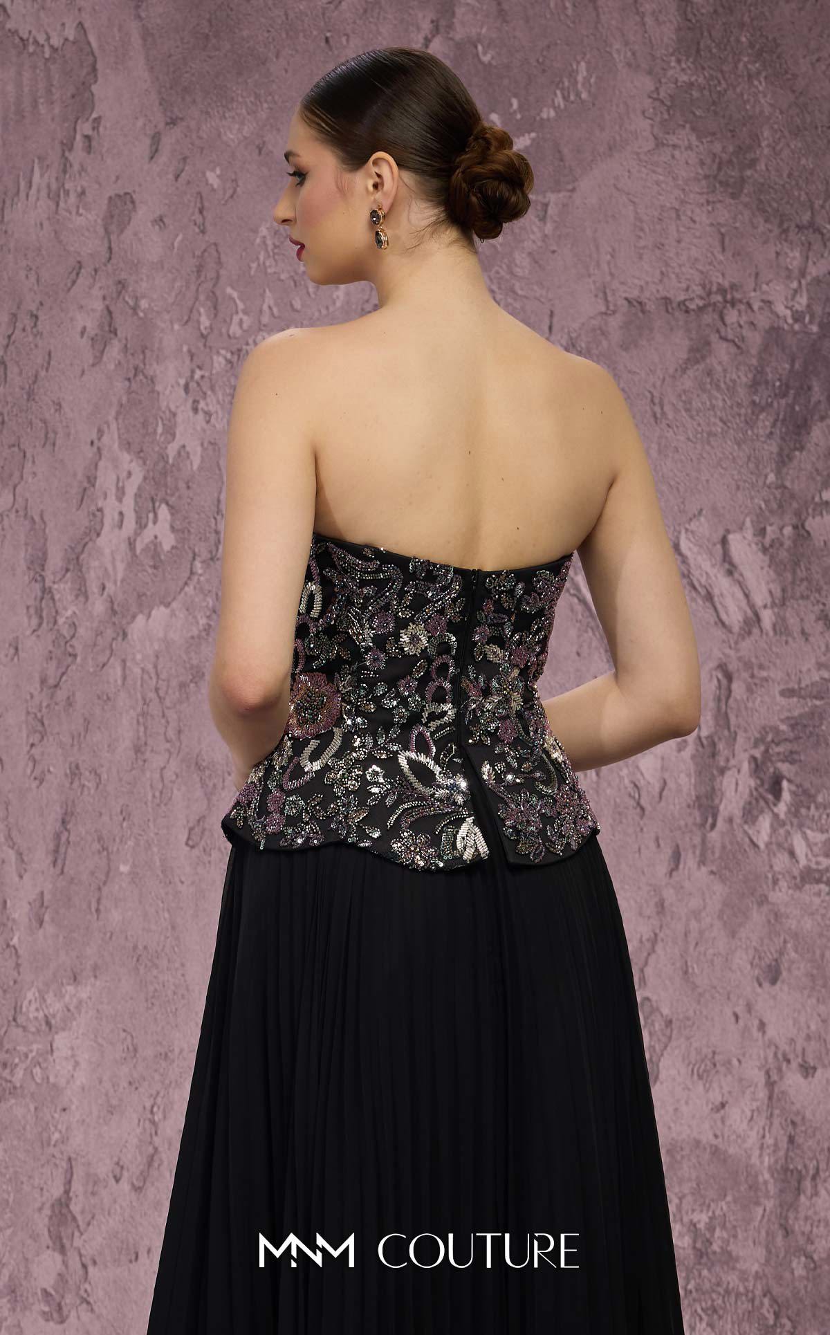 MNM Couture Q7778 Black Strapless Sweetheart Beaded Corset Chiffon Gown