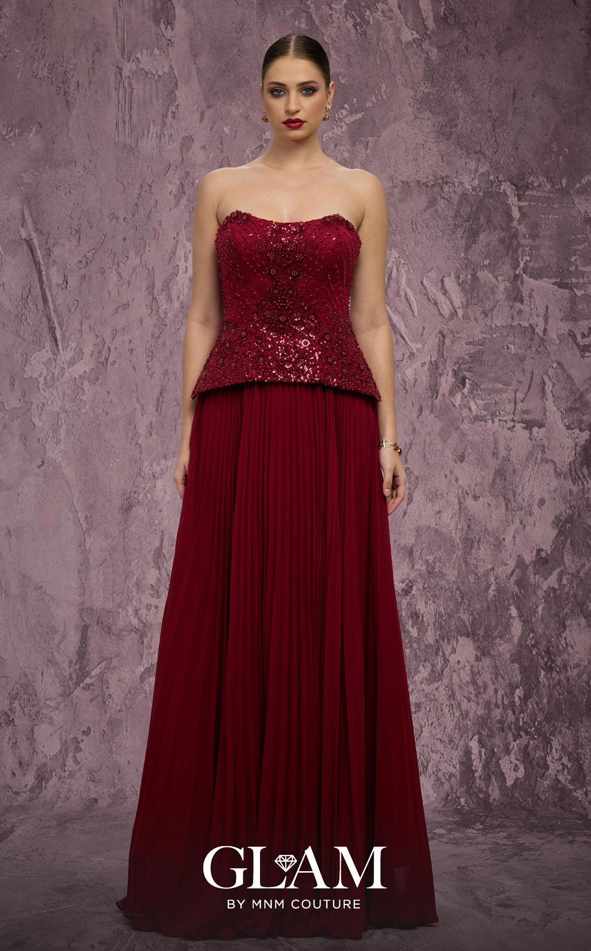 MNM Couture Q7788 Red Strapless Pleated Chiffon A-Line Gown