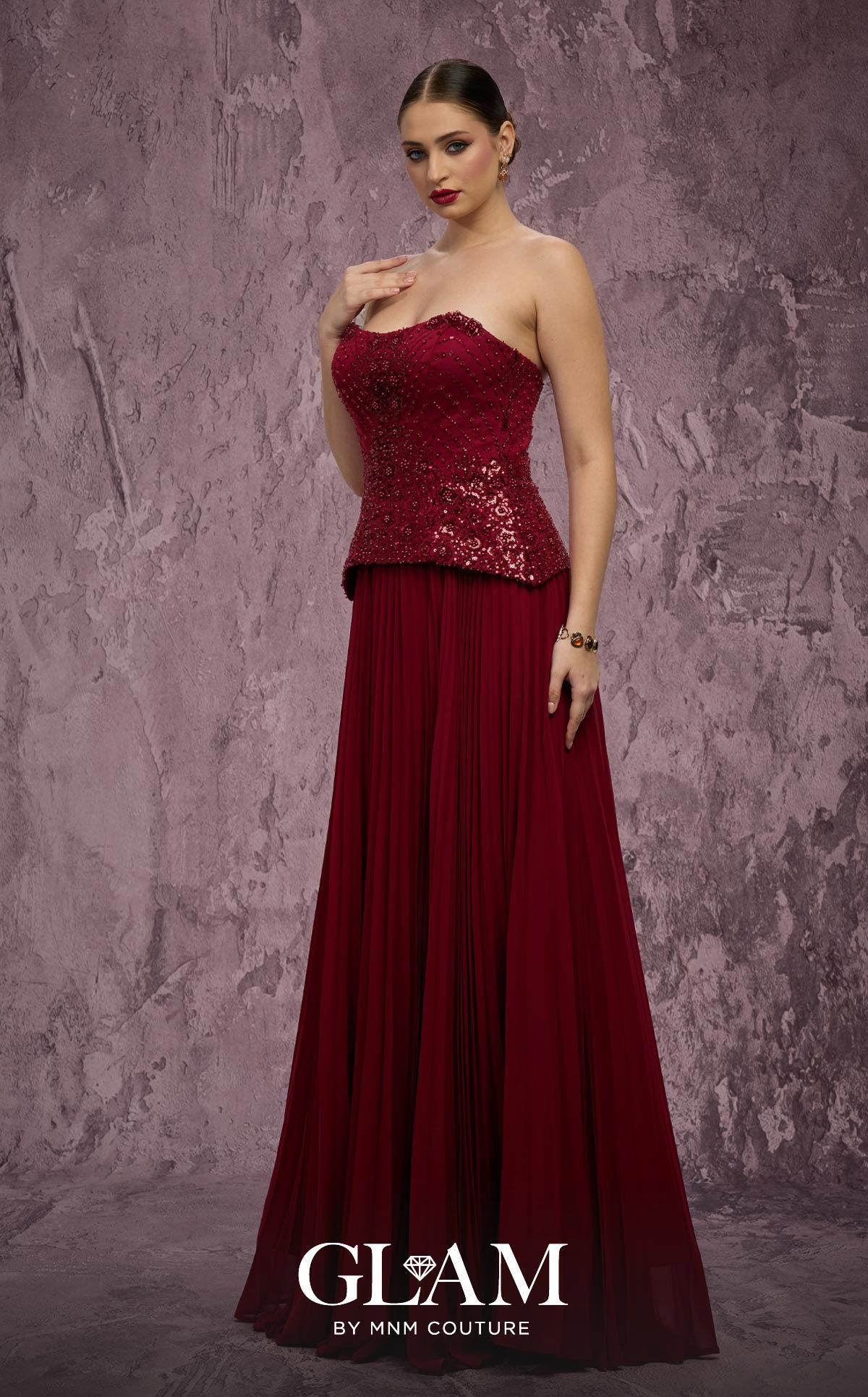 MNM Couture Q7788 Red Strapless Pleated Chiffon A-Line Gown