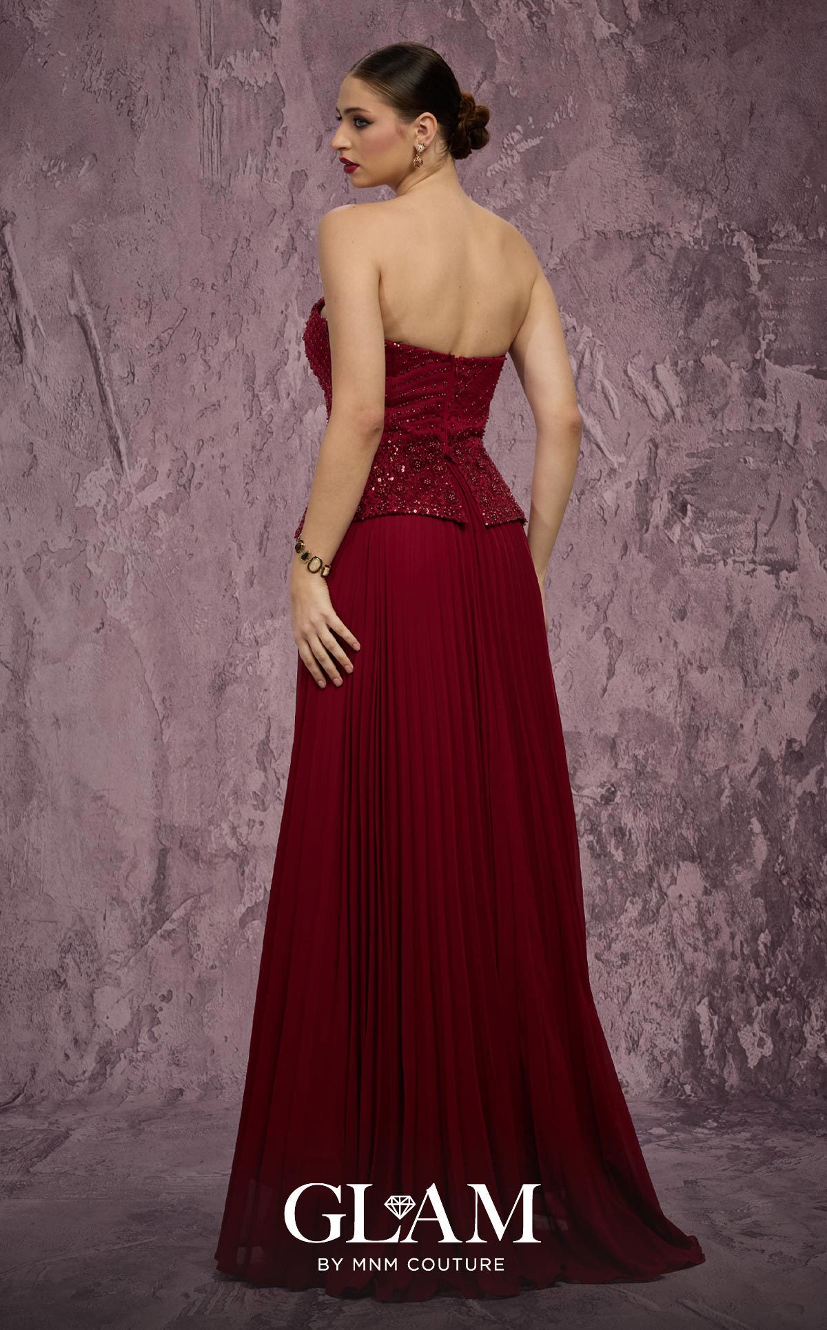 MNM Couture Q7788 Red Strapless Pleated Chiffon A-Line Gown