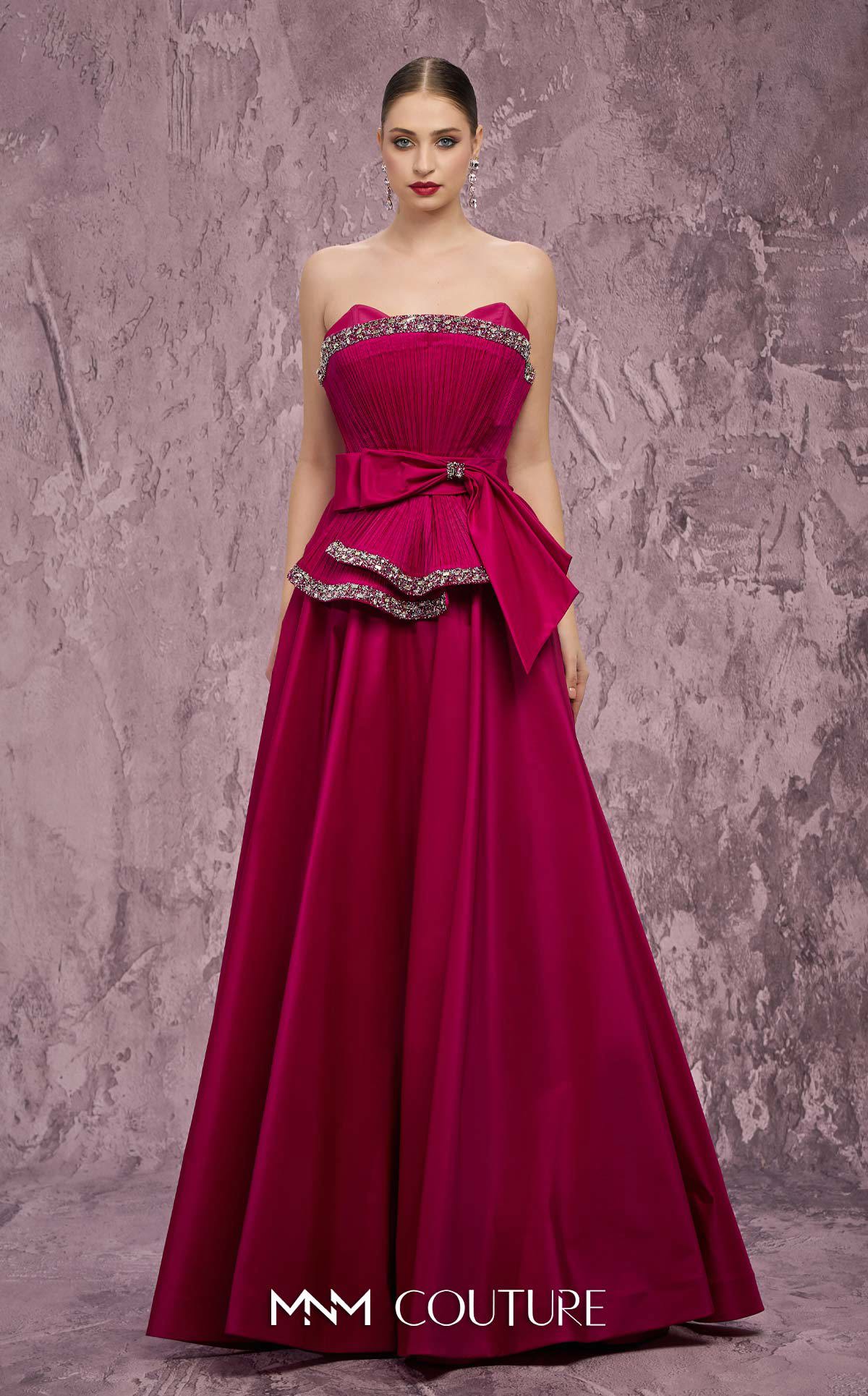 MNM Couture Q8017 Fuchsia Taffeta A-Line Gown with Embellished Fan Panel
