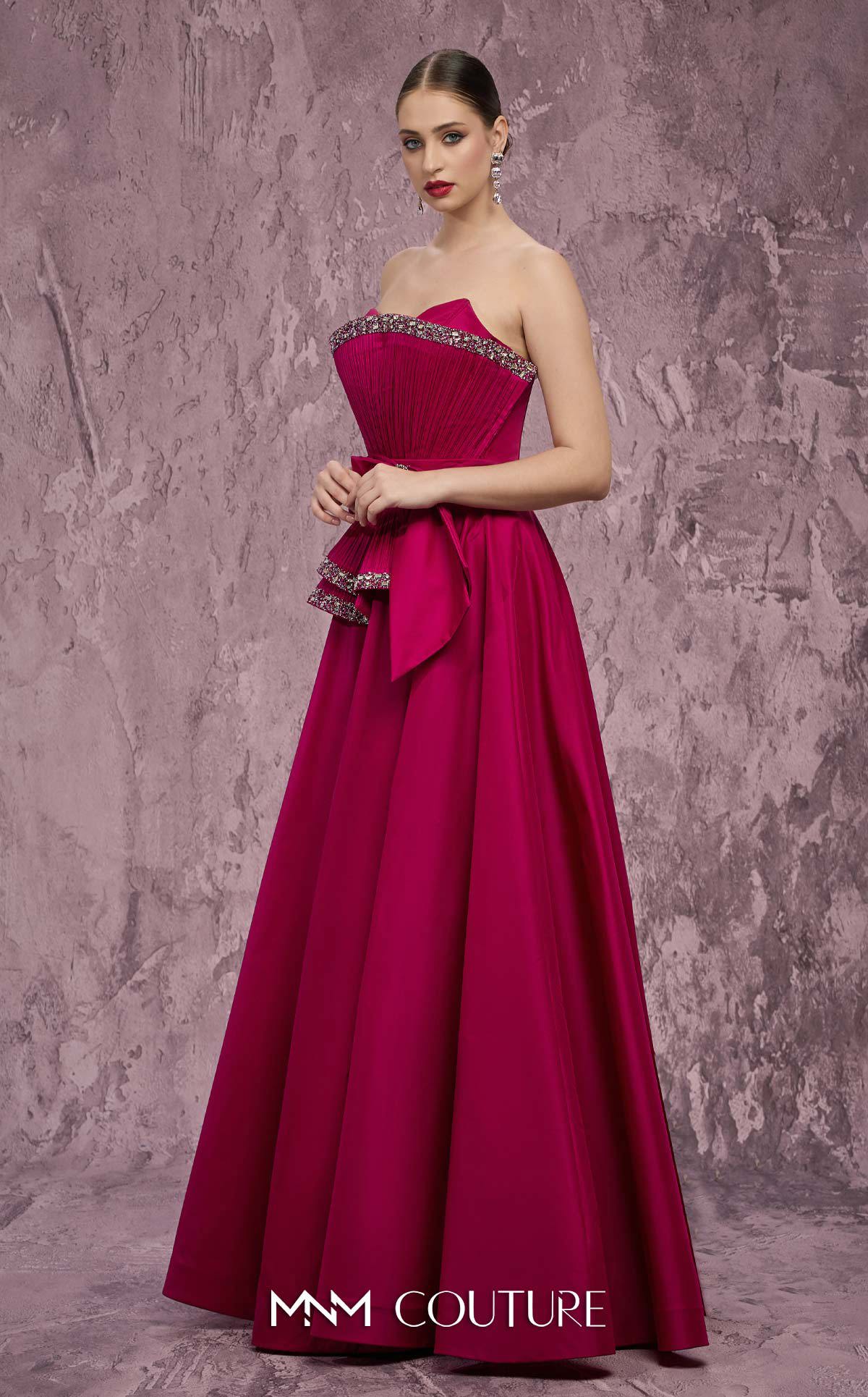 MNM Couture Q8017 Fuchsia Taffeta A-Line Gown with Embellished Fan Panel