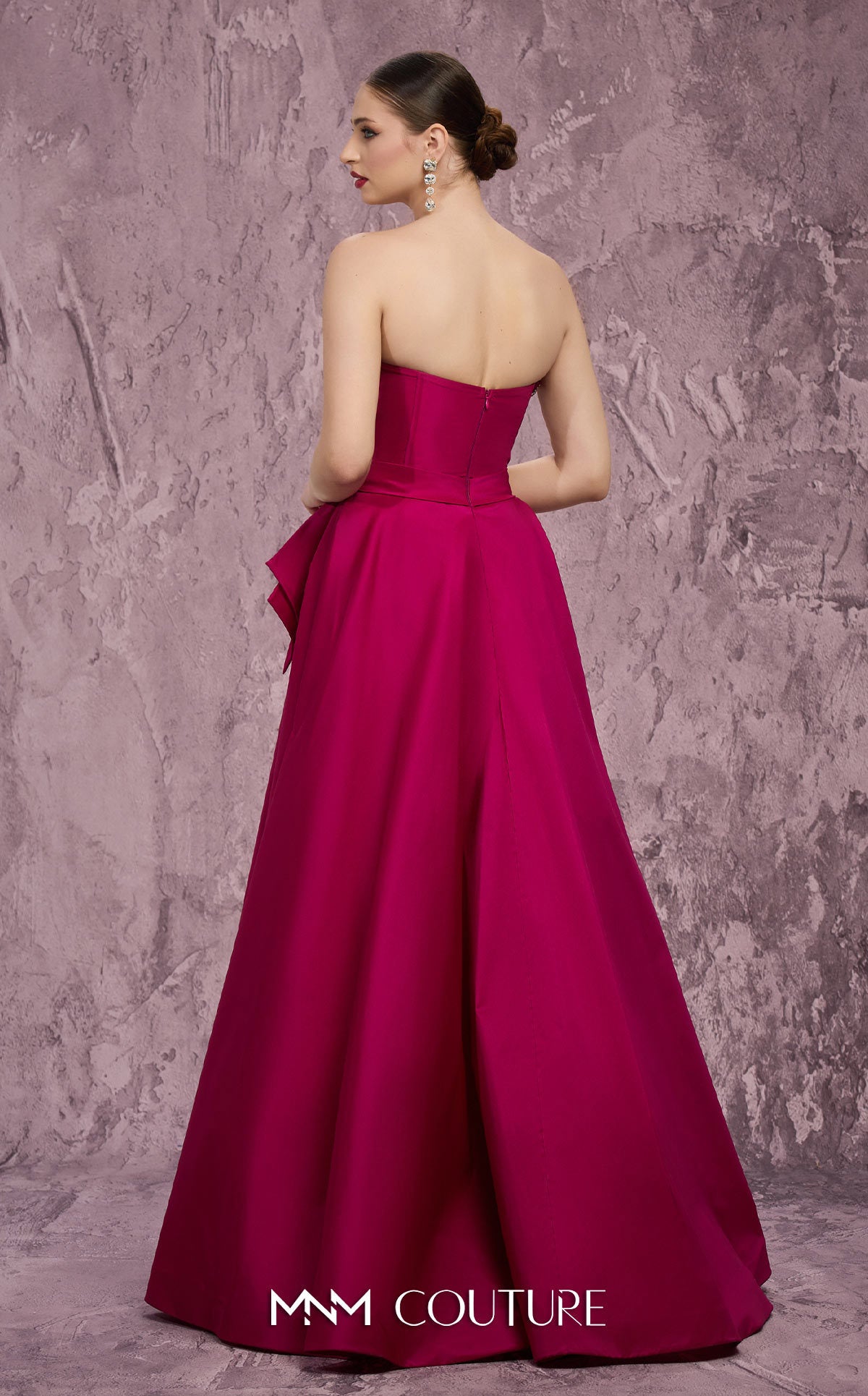 MNM Couture Q8017 Fuchsia Taffeta A-Line Gown with Embellished Fan Panel