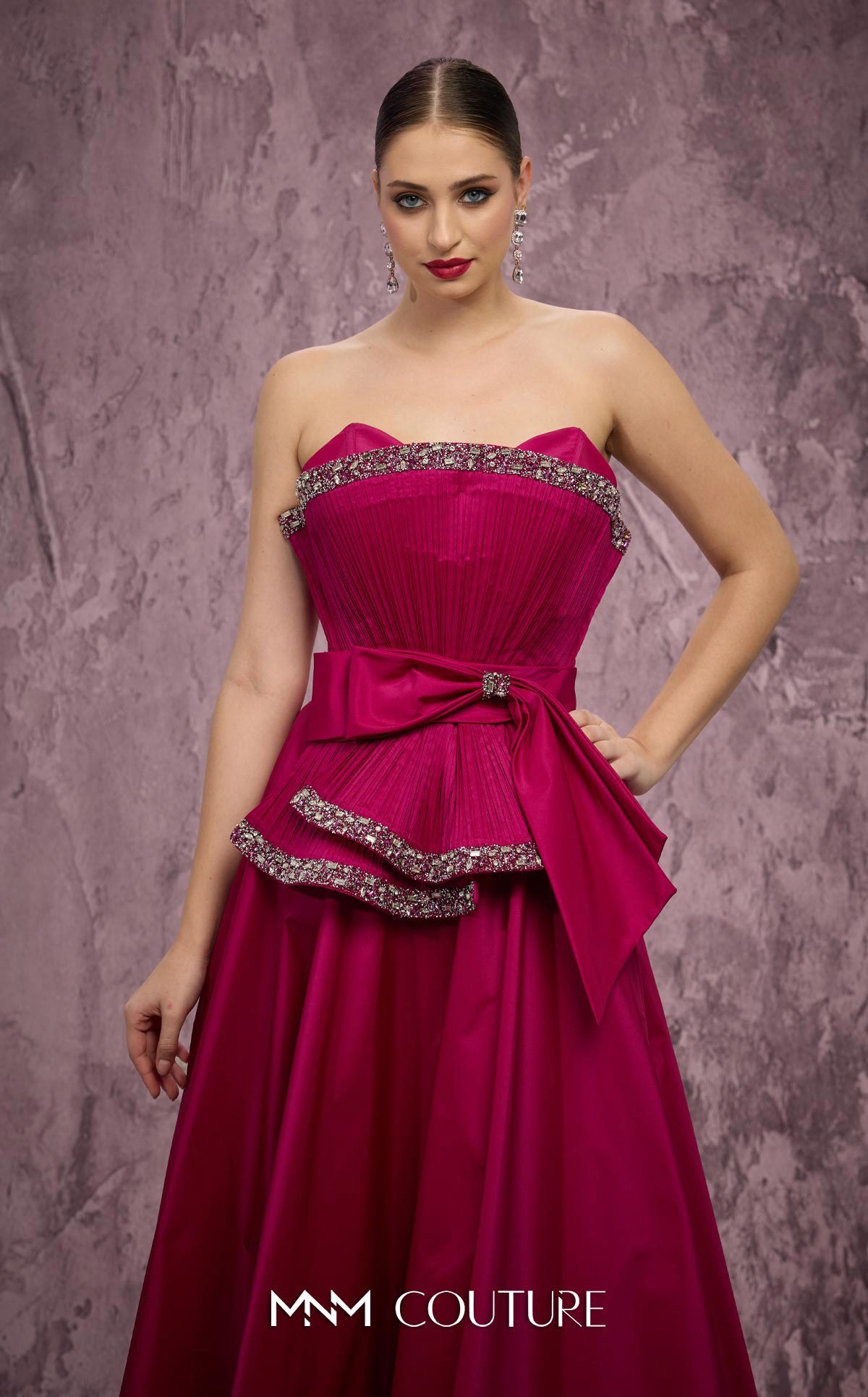 MNM Couture Q8017 Fuchsia Taffeta A-Line Gown with Embellished Fan Panel