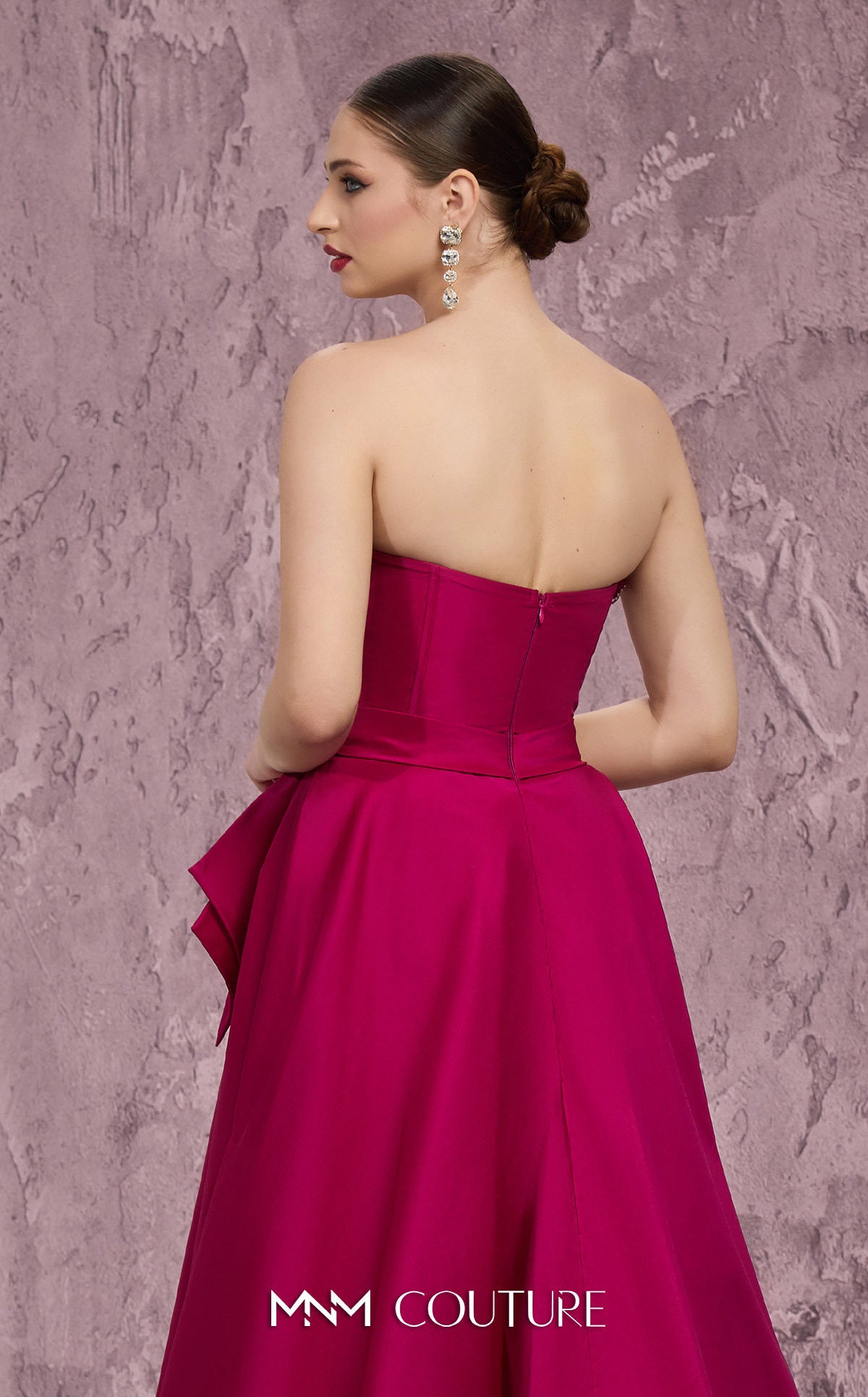 MNM Couture Q8017 Fuchsia Taffeta A-Line Gown with Embellished Fan Panel