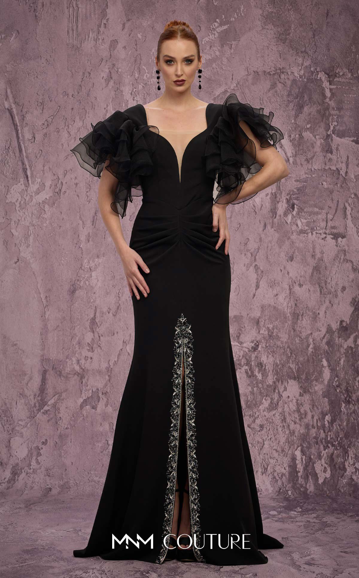 MNM Couture Q8022 Black Ruffled Sleeve Mermaid Crepe Gown with Crystal Slit
