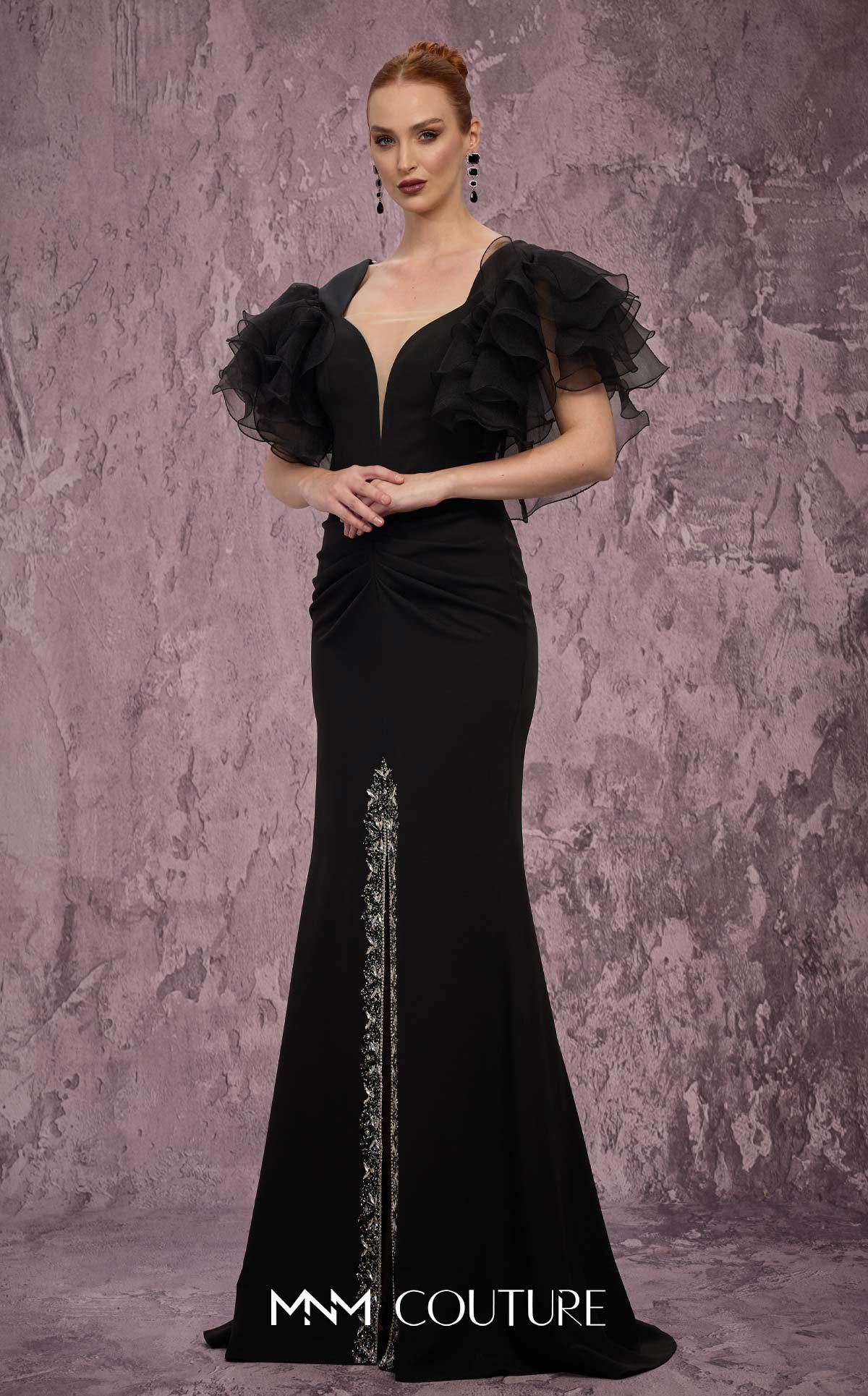 MNM Couture Q8022 Black Ruffled Sleeve Mermaid Crepe Gown with Crystal Slit
