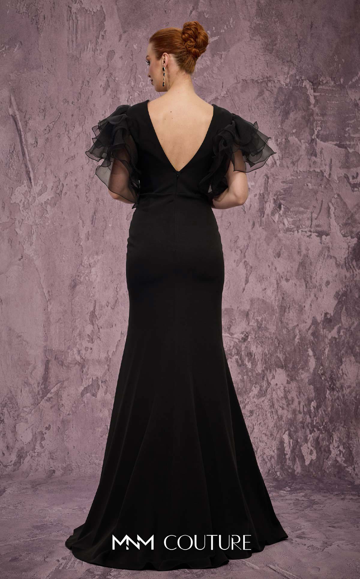 MNM Couture Q8022 Black Ruffled Sleeve Mermaid Crepe Gown with Crystal Slit