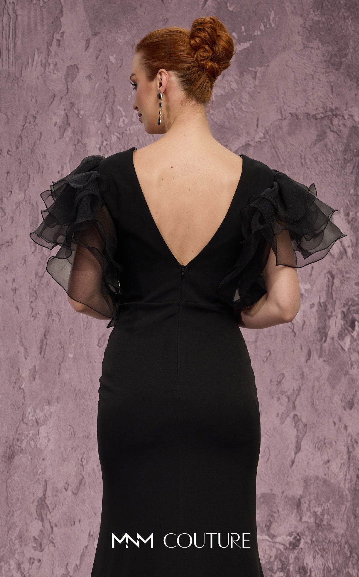 MNM Couture Q8022 Black Ruffled Sleeve Mermaid Crepe Gown with Crystal Slit