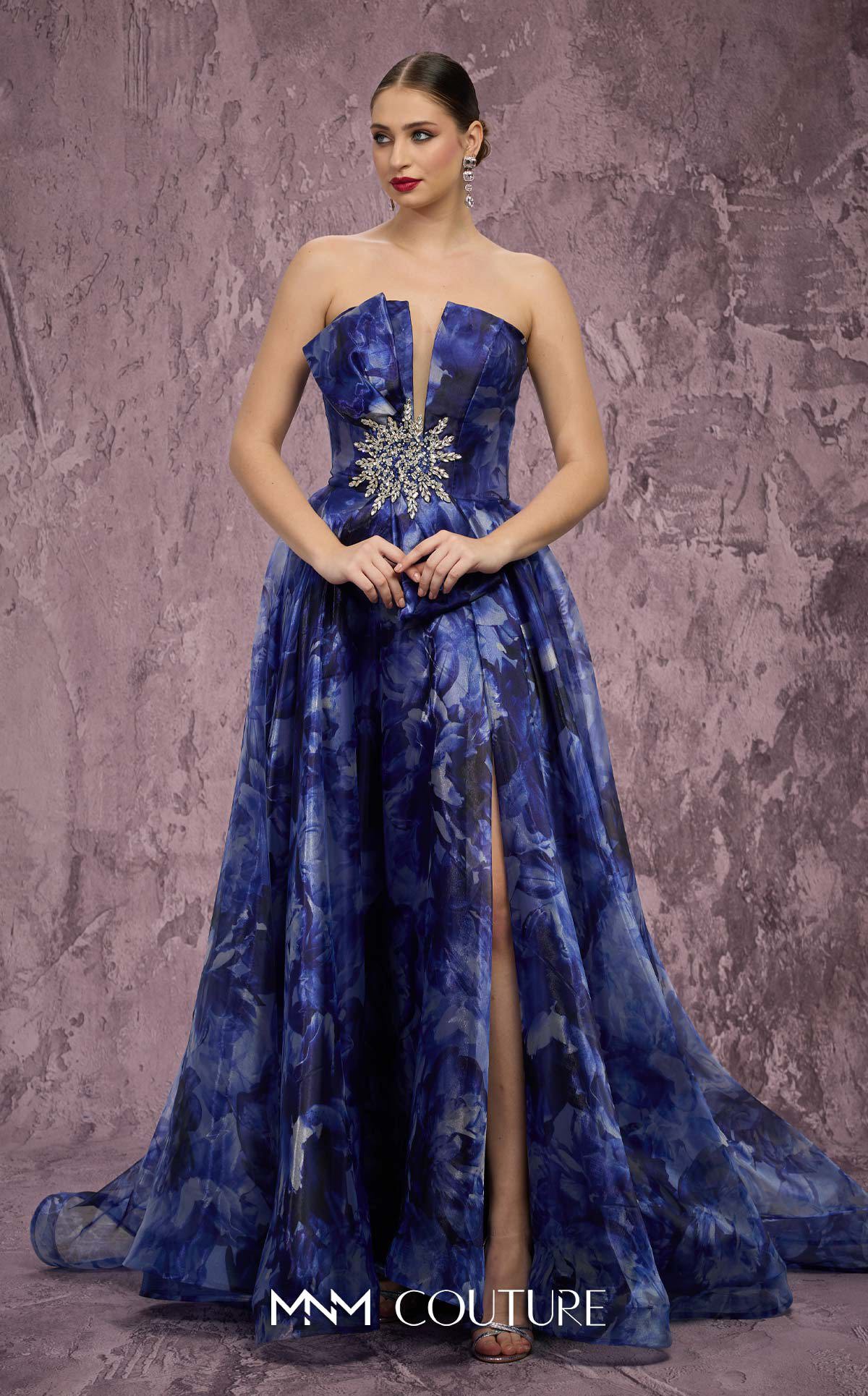 MNM Couture Q9060 Navy Embellished Strapless Organza Ballgown