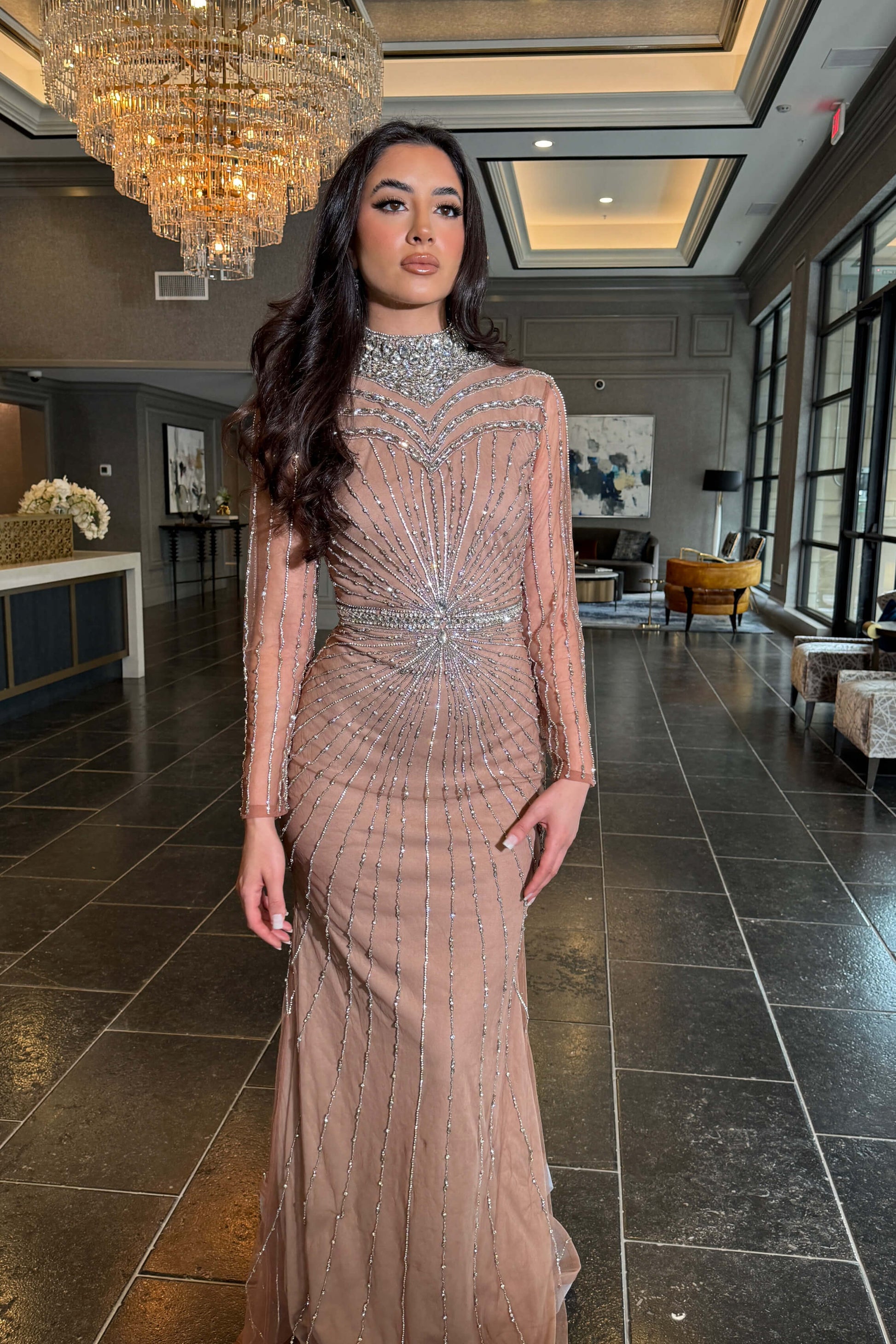 Rania Long Sleeve Beaded High Neck Dress – B Chic Fashions