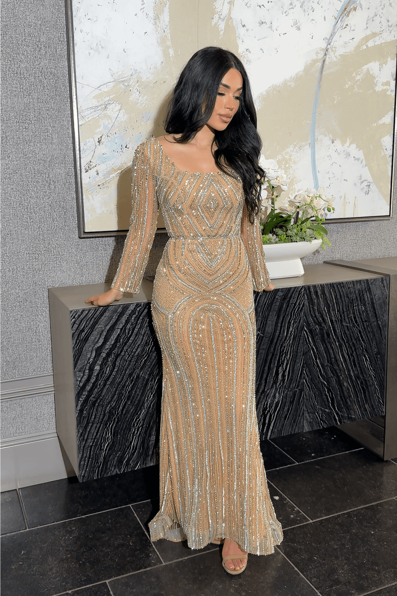 Reema Sequin Modest Square Neckline Long Sleeve Embellished Dress Light Gold/Silver / 22 Reema Sequin Modest Square Neckline Long Sleeve Embellished Dress Light Gold/Silver / 22