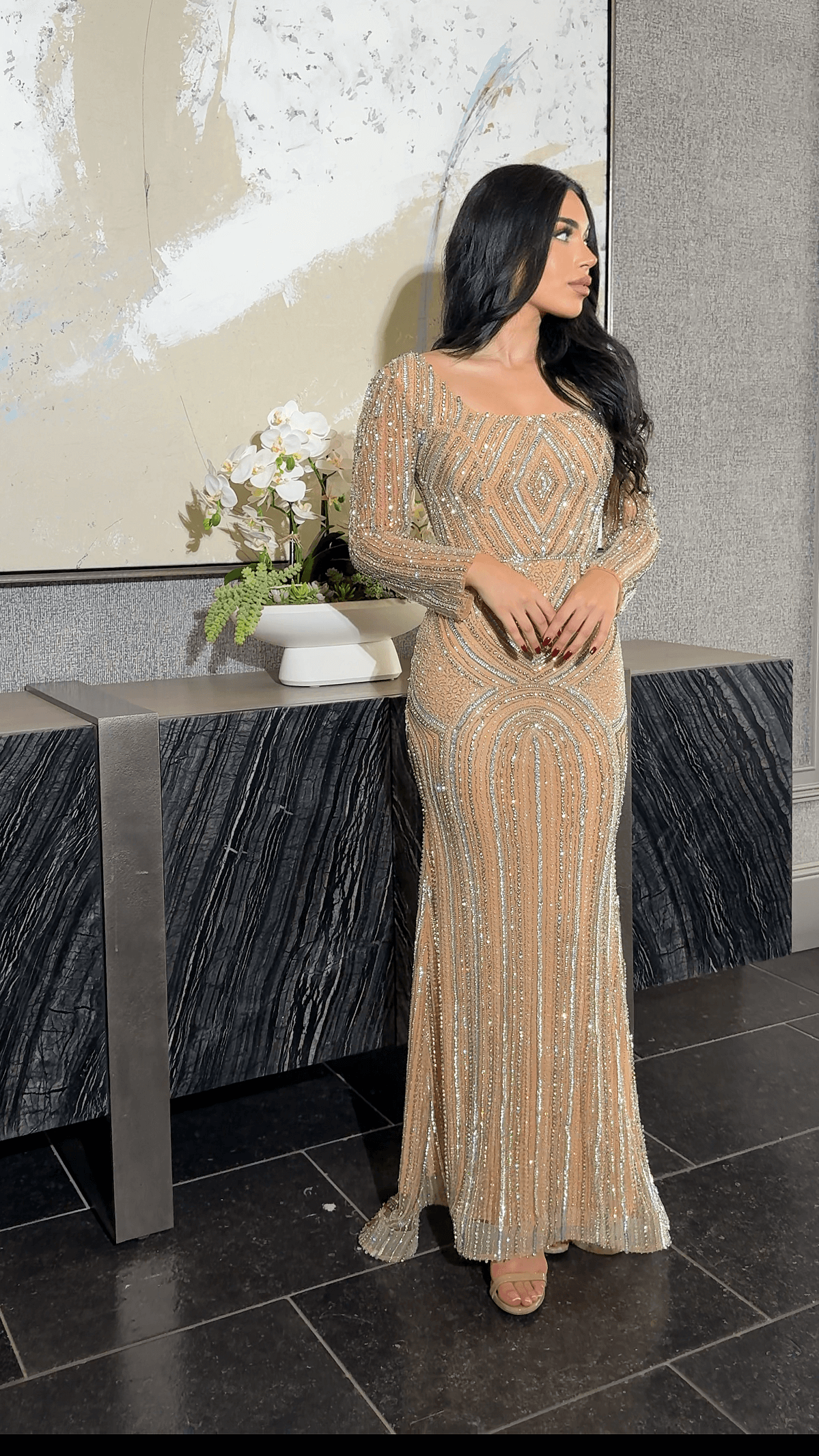 Reema Sequin Modest Square Neckline Long Sleeve Embellished Dress Light Gold/Silver / 22 Reema Sequin Modest Square Neckline Long Sleeve Embellished Dress Light Gold/Silver / 22