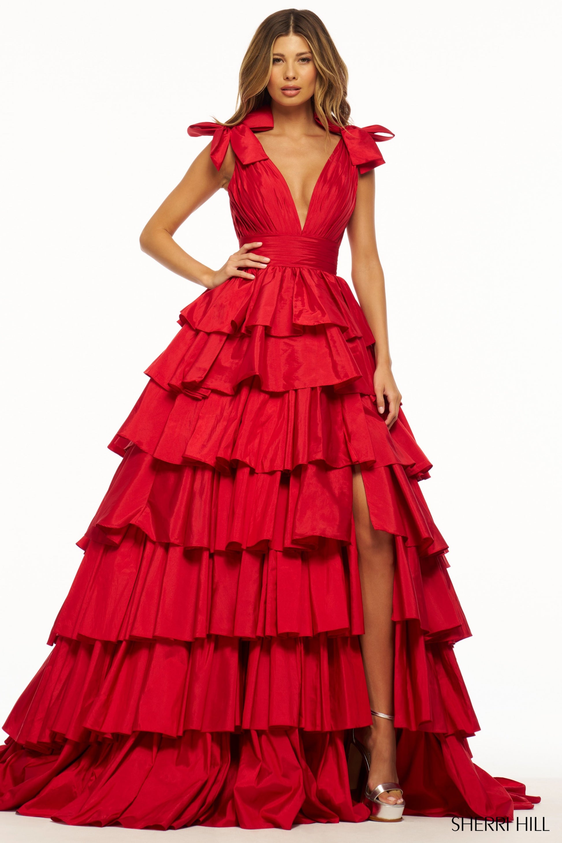 sherri hill red formal dress Sherri Hill Bow Heat Stone Ball Gown Prom Dress 56900