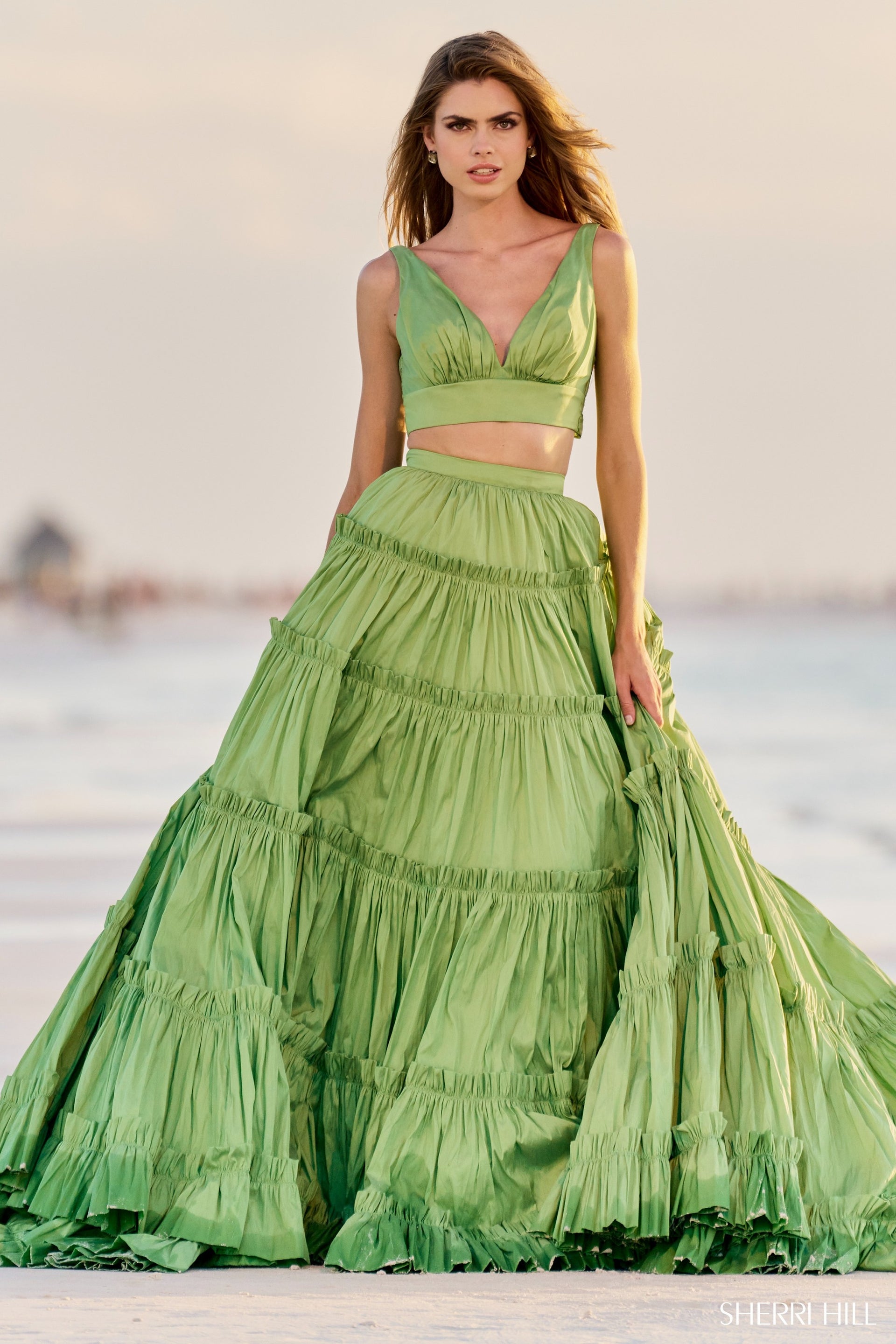 Shop Sherri Hill 56125 V-Neck Neckline Ball Gowns Two Piece Taffeta Fabric Long Dress Evening Gown Prom Dress Sherri Hill 2024 Fuchsia / 0