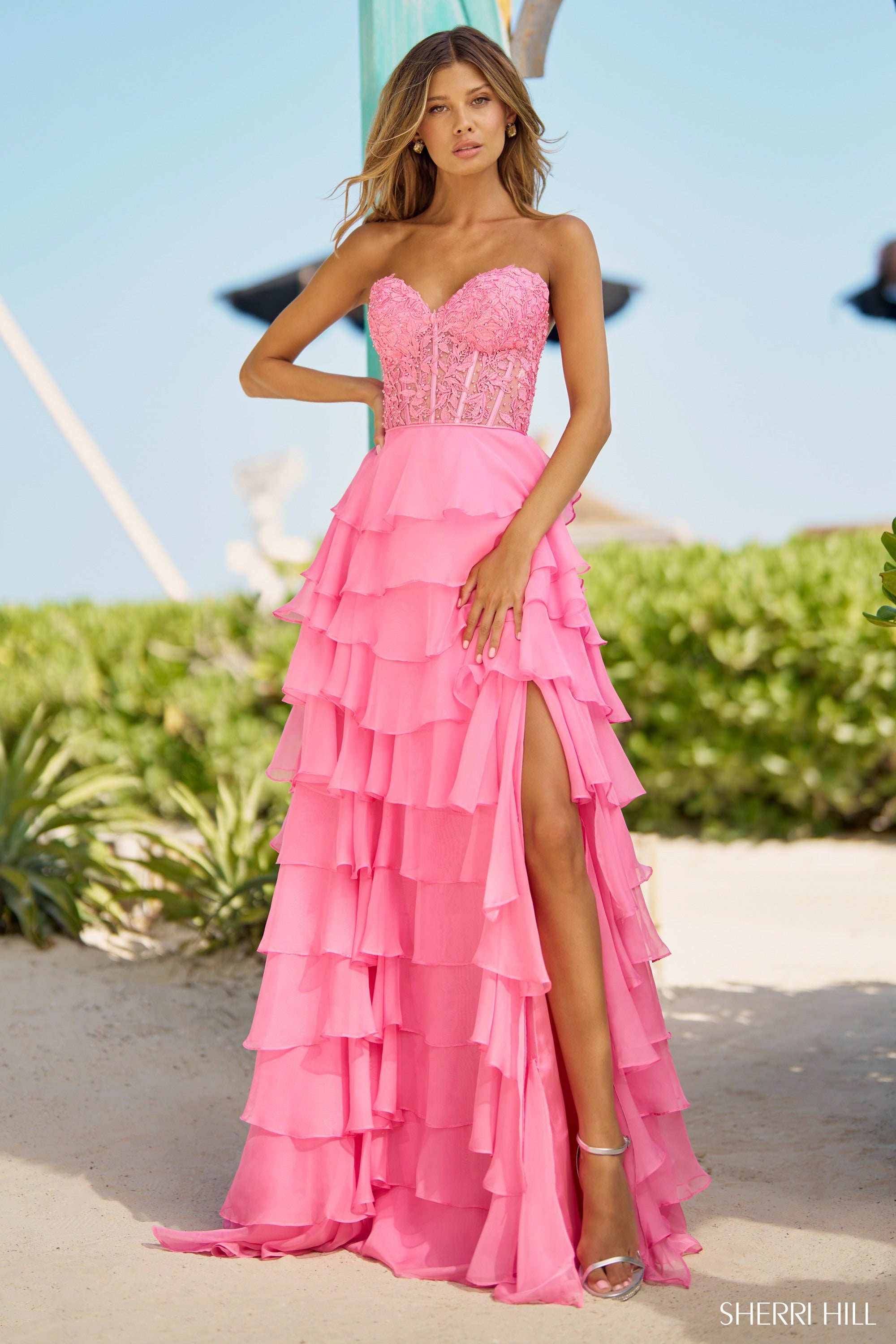 Sherri Hill 56162 Sweetheart Neckline A-Line Chiffon Lace Evening Gown B Chic Fashions Long Dress Evening Gowns
