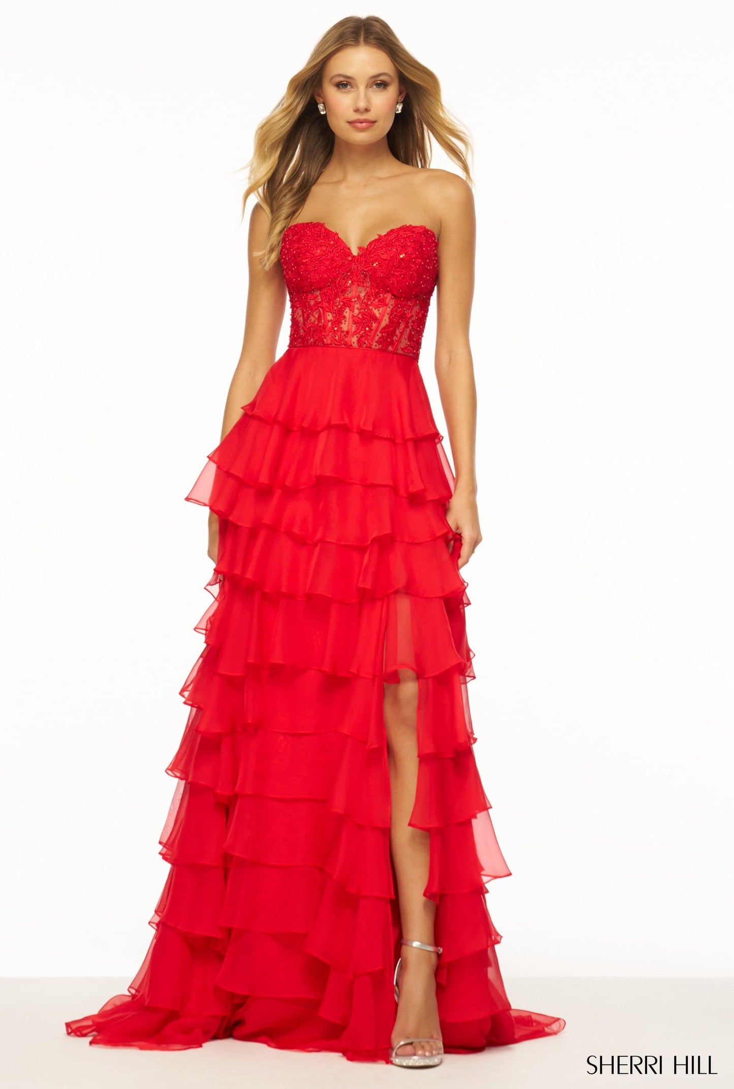 Sherri Hill 56162 Sweetheart Neckline A-Line Chiffon Lace Evening Gown B Chic Fashions Long Dress Evening Gowns