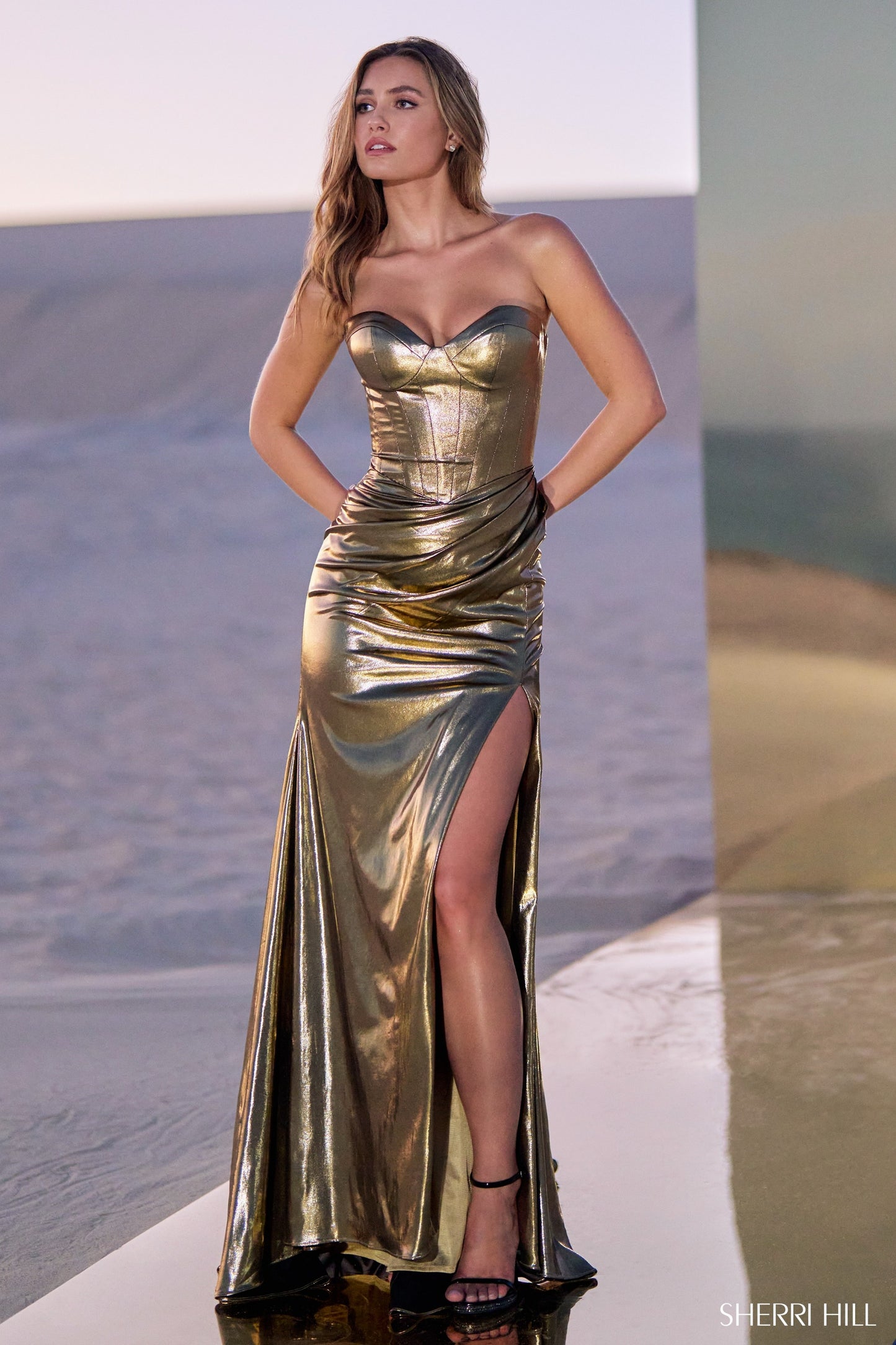 Sherri Hill 56431 Metallic Strapless Corset Gown with Skirt Slit