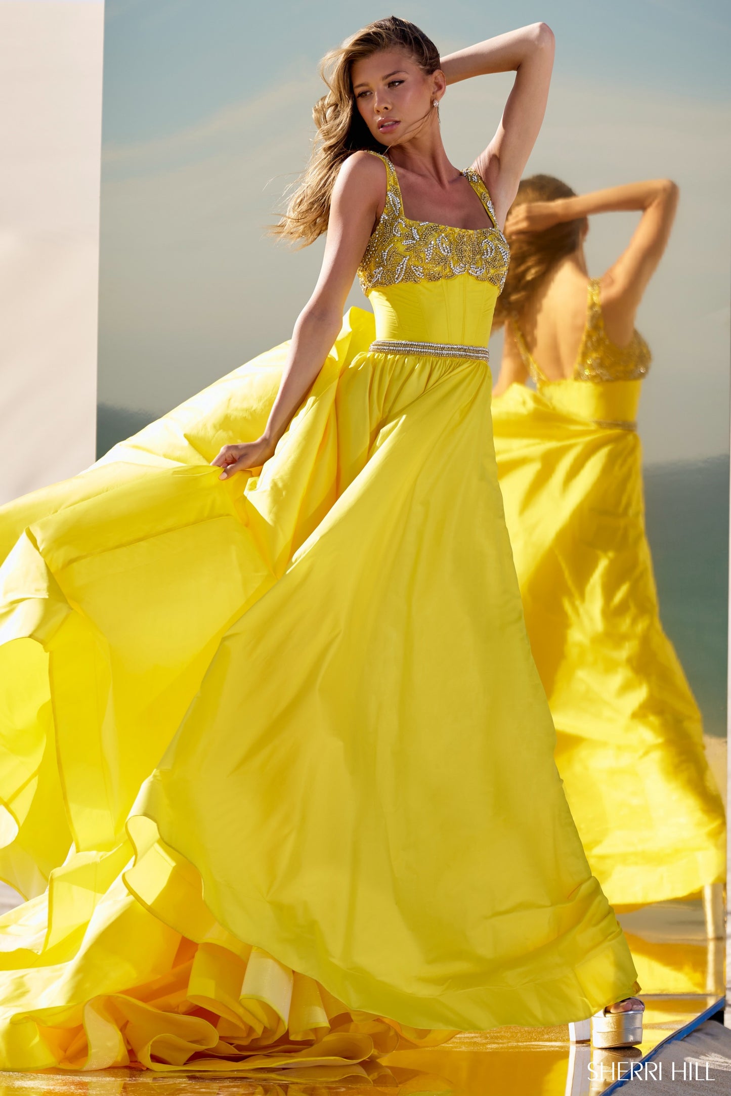 Sherri Hill 56434 Taffeta Ball Gown with Beaded Neckline and Corset Bodice