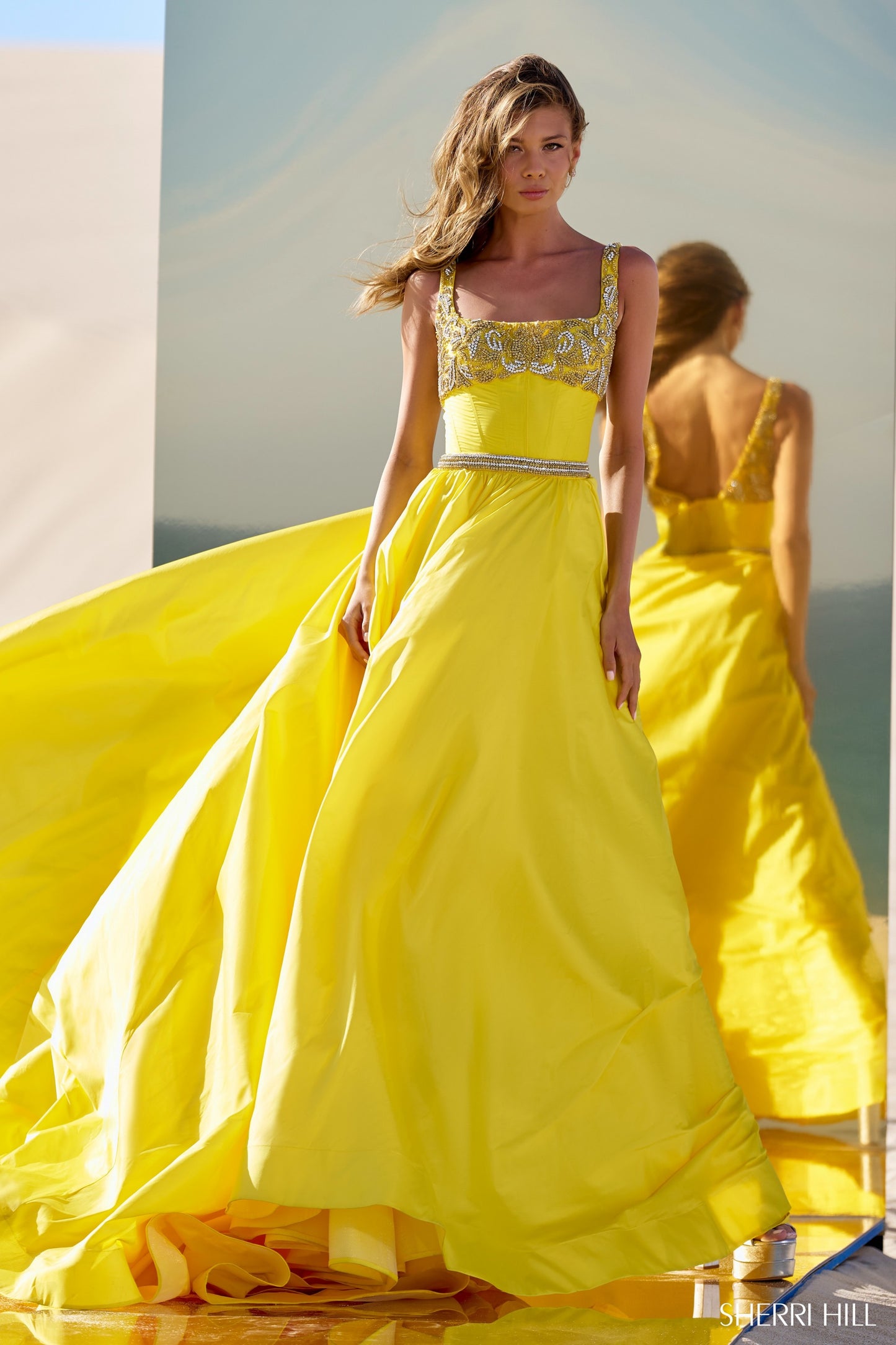 Sherri Hill 56434 Taffeta Ball Gown with Beaded Neckline and Corset Bodice