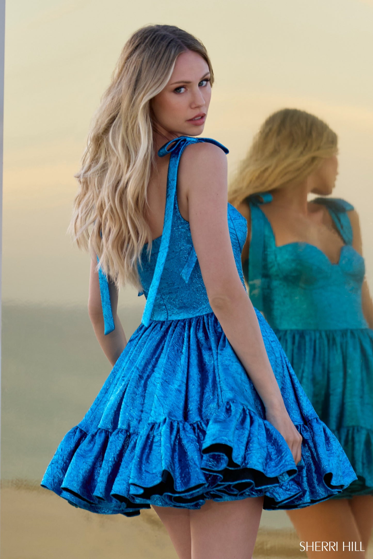 Sherri Hill 56507 Metallic Brocade Cocktail Dress with a Sweetheart Neckline, Bow Sleeves and Ruffle Hem