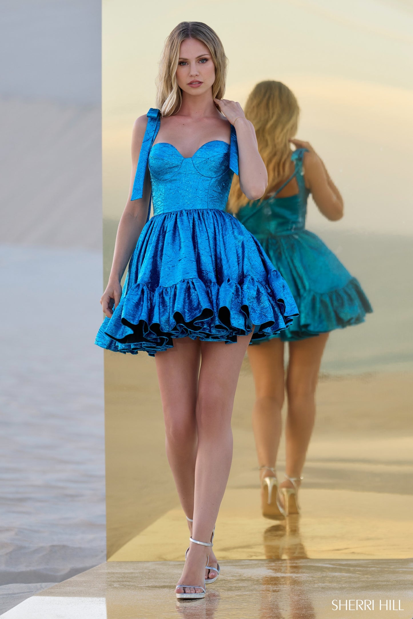 Sherri Hill 56507 Metallic Brocade Cocktail Dress with a Sweetheart Neckline, Bow Sleeves and Ruffle Hem