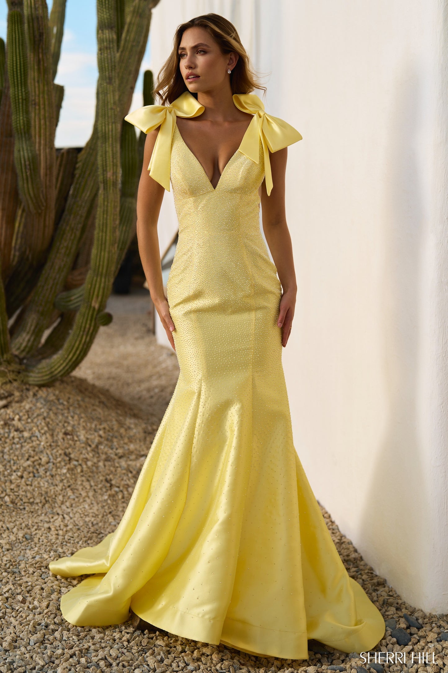 Sherri Hill 56638 Mermaid Hot Fix Taffeta Gown with Bow Straps