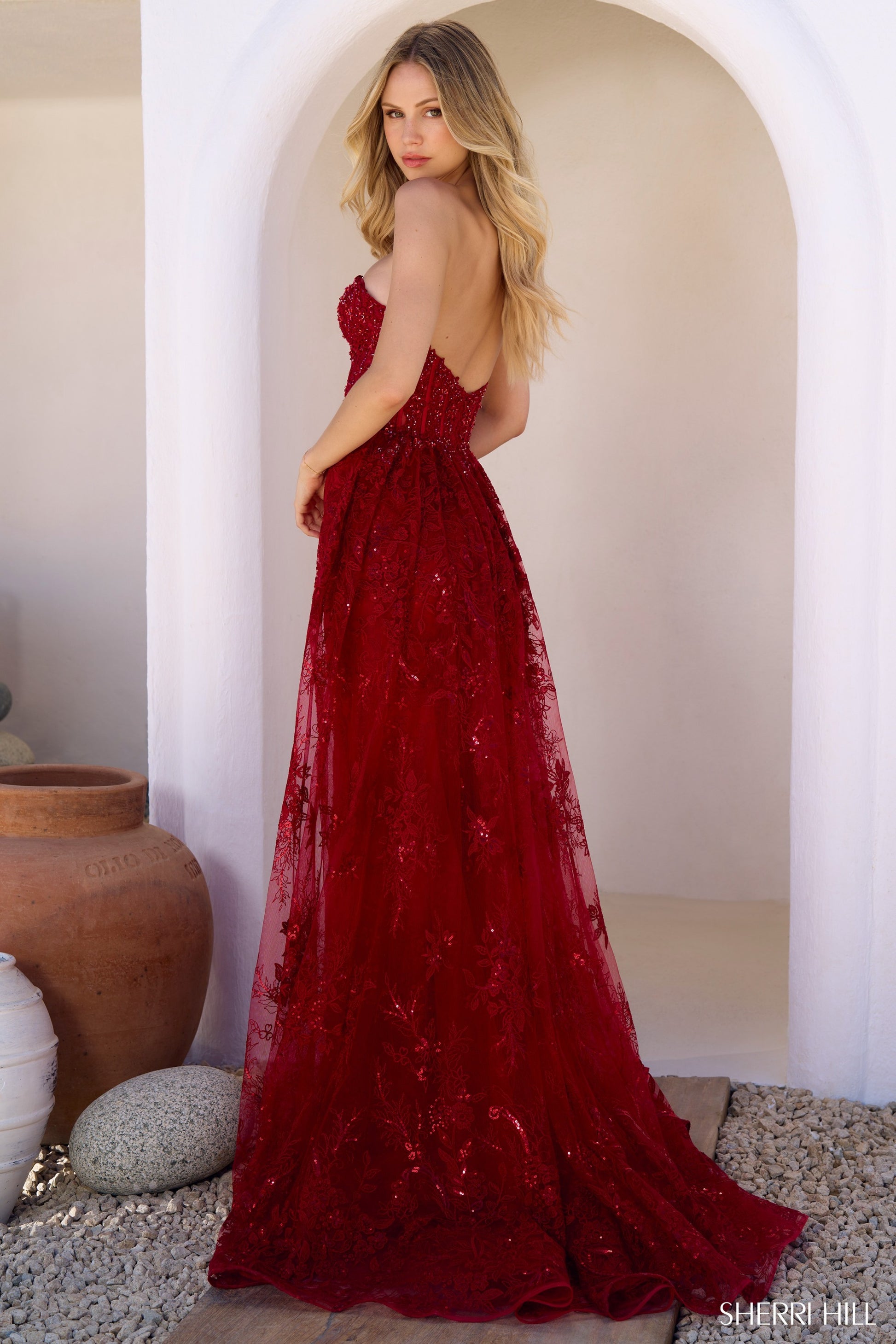 chinese dress ladies Sherri Hill 56670 Strapless Lace Fitted Gown with Lace Overskirt – B Chic  Fashions