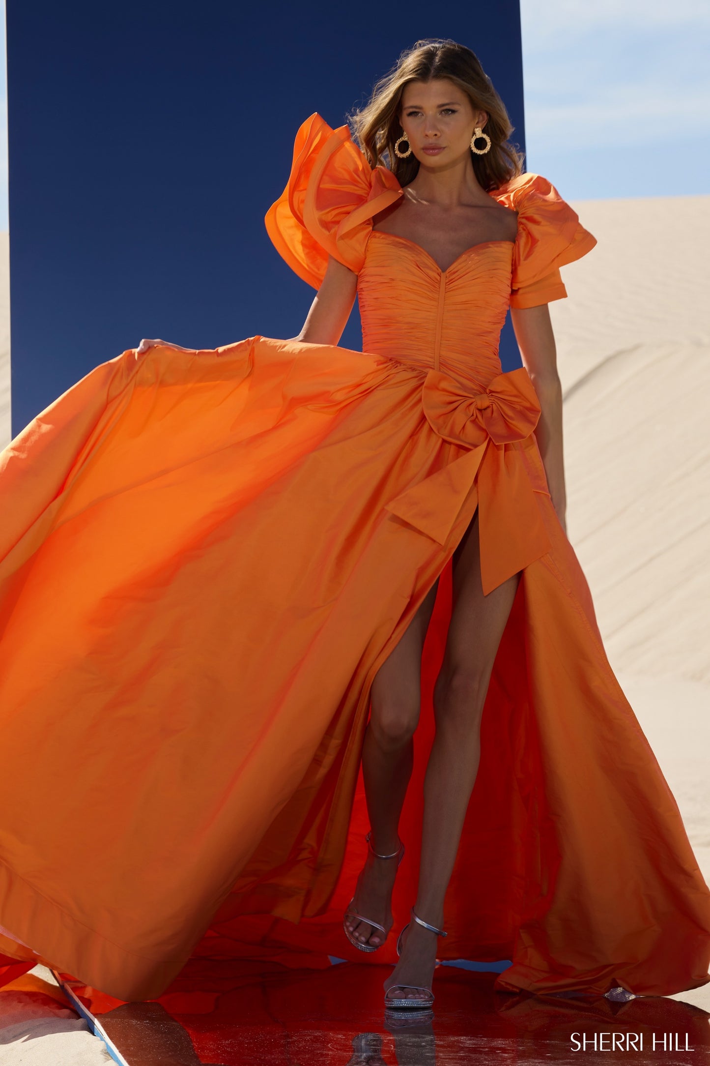 Sherri Hill 56743 Taffeta A-line Gown with Ruffle Sleeves and Bow on Basque Waist