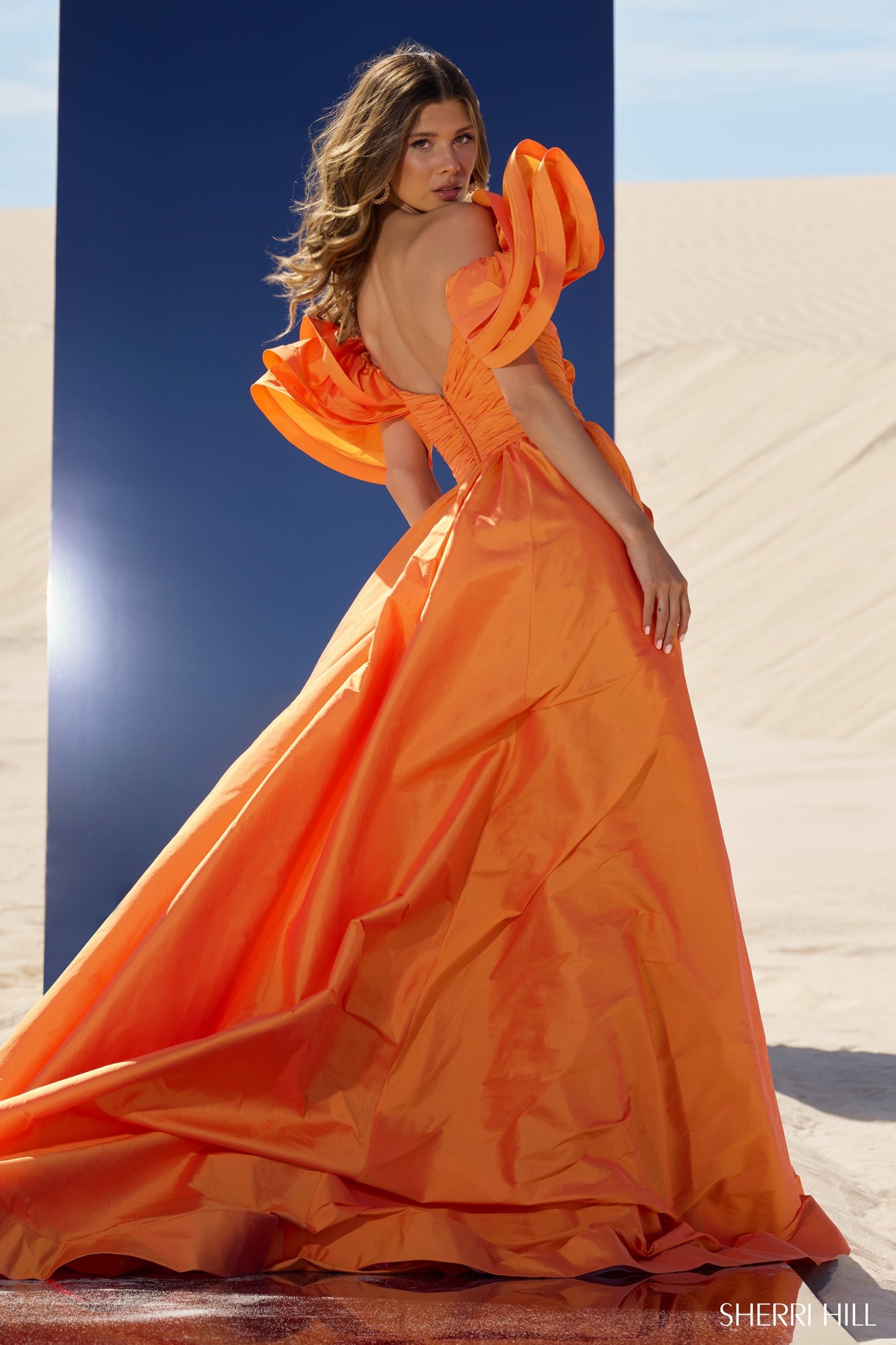 Sherri Hill 56743 Taffeta A-line Gown with Ruffle Sleeves and Bow on Basque Waist