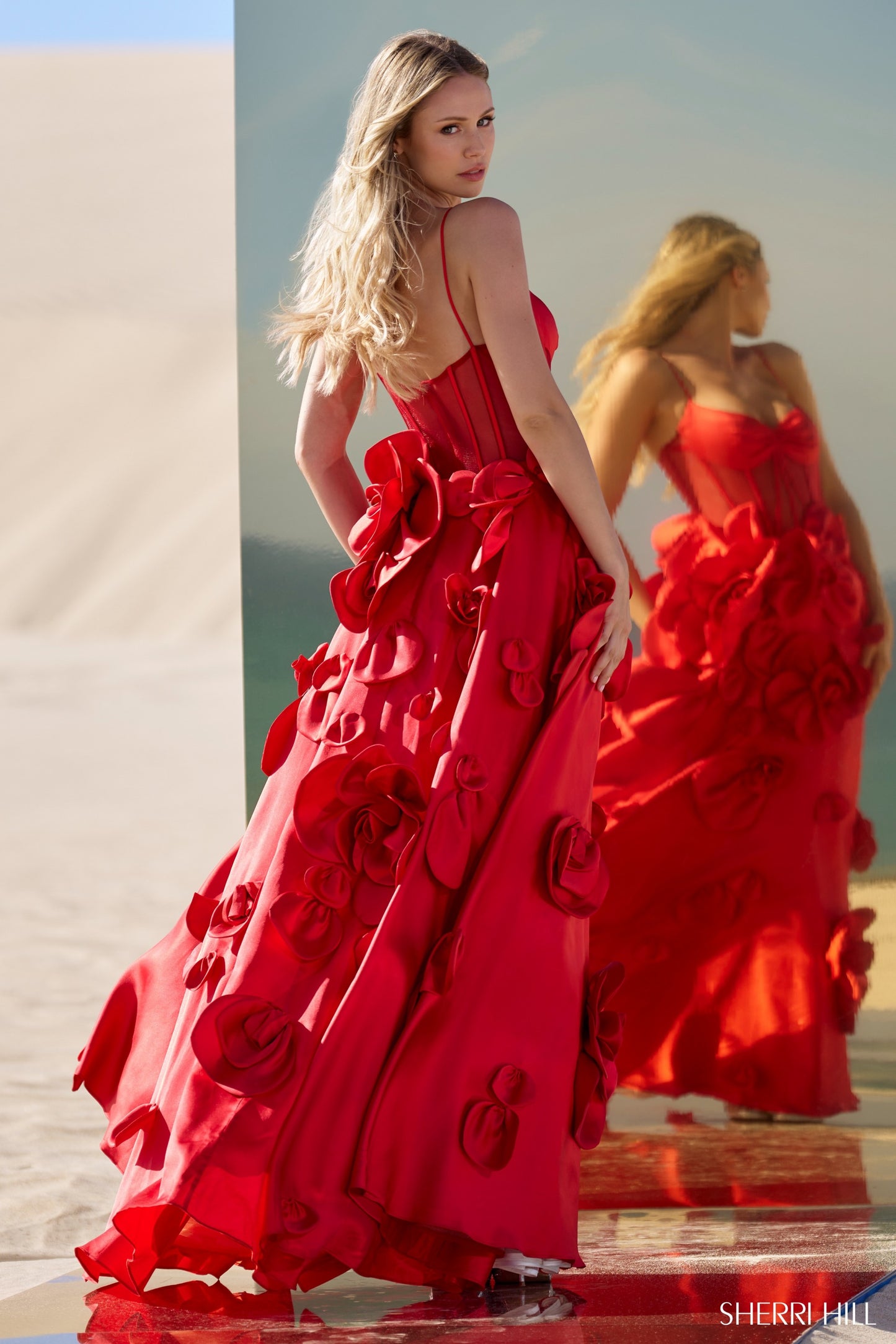 Sherri Hill 56763 Mikado Ball Gown with Sheer Corset Bodice and 3D Flower Skirt