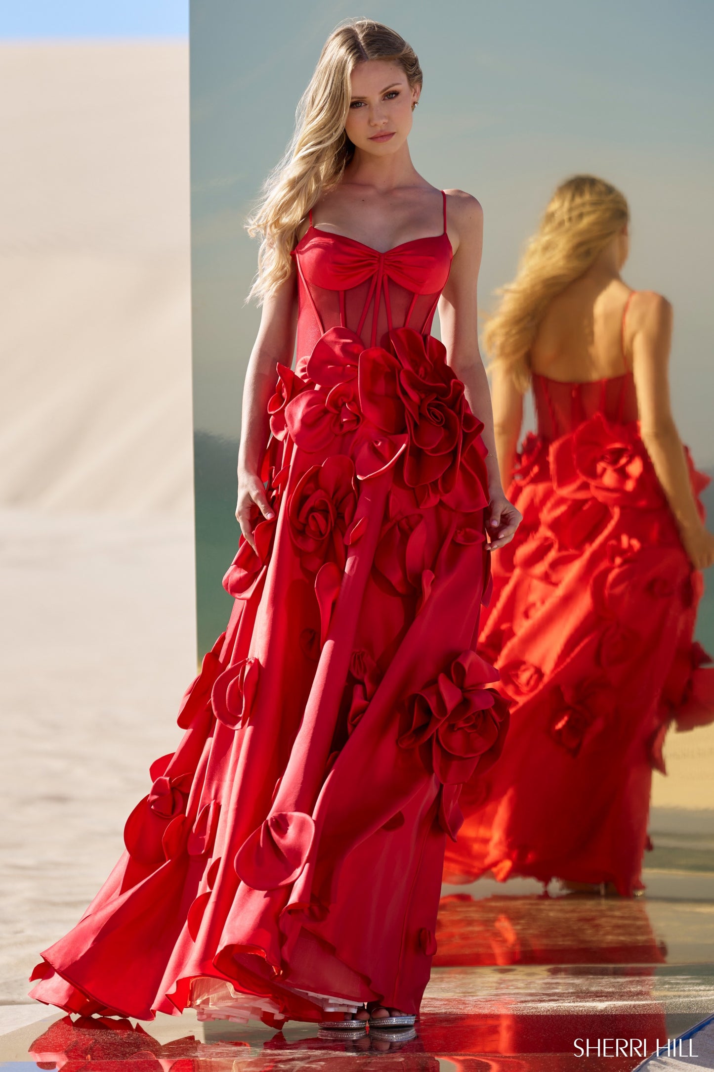 Sherri Hill 56763 Mikado Ball Gown with Sheer Corset Bodice and 3D Flower Skirt