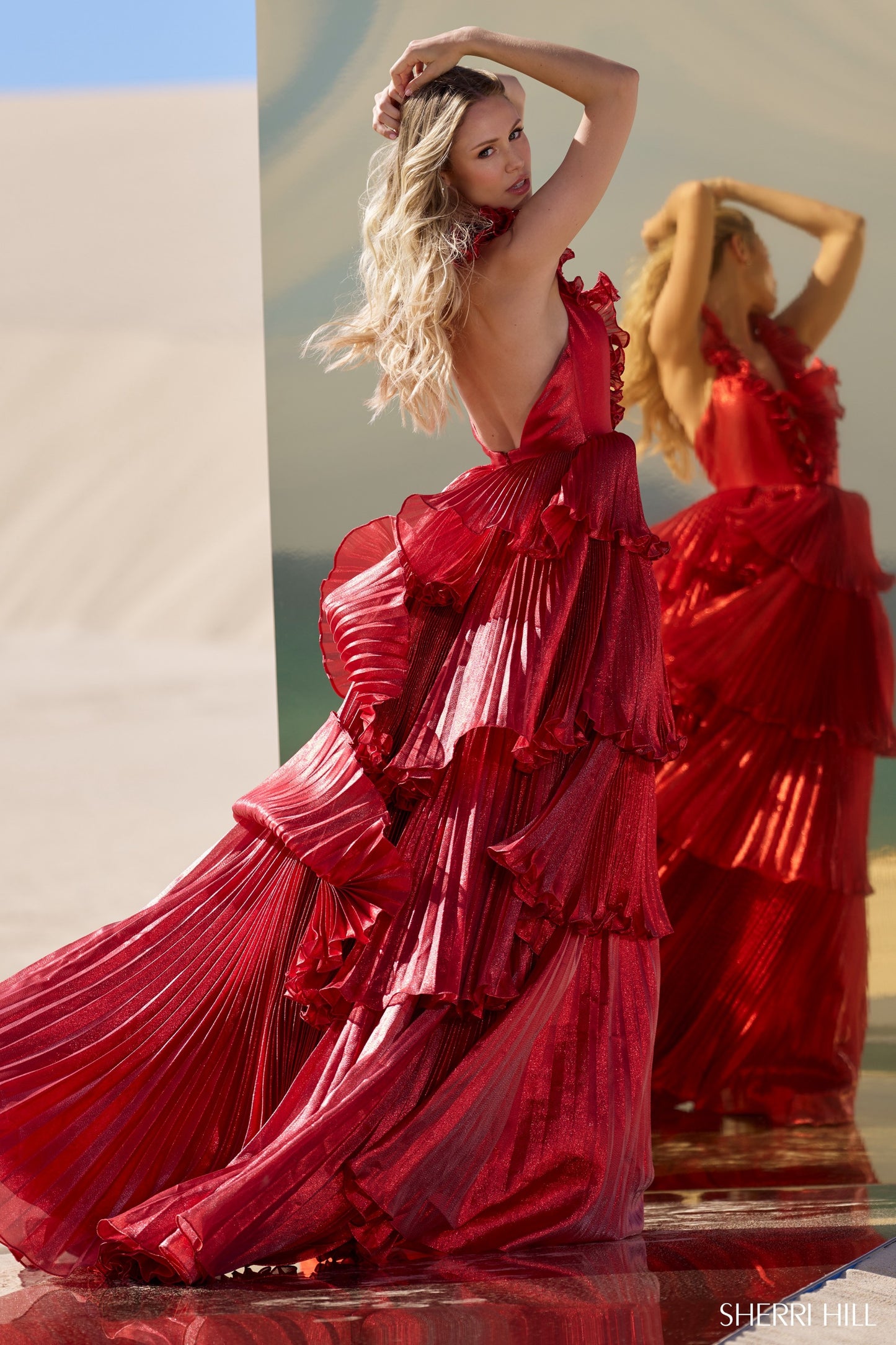 Sherri Hill 56801 Pleated Ruffle Ball Gown with Deep V Neckline and Open Back