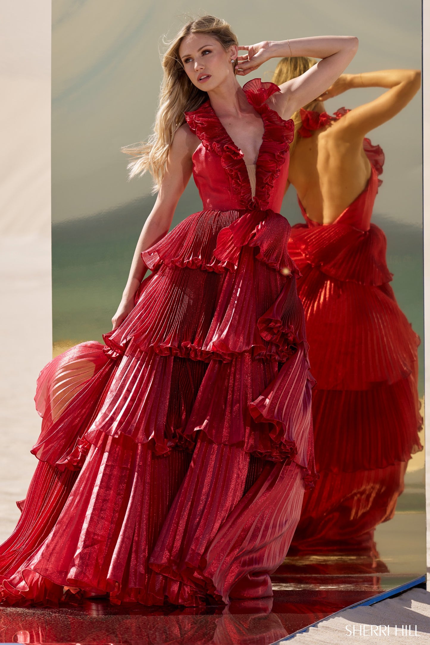 Sherri Hill 56801 Pleated Ruffle Ball Gown with Deep V Neckline and Open Back