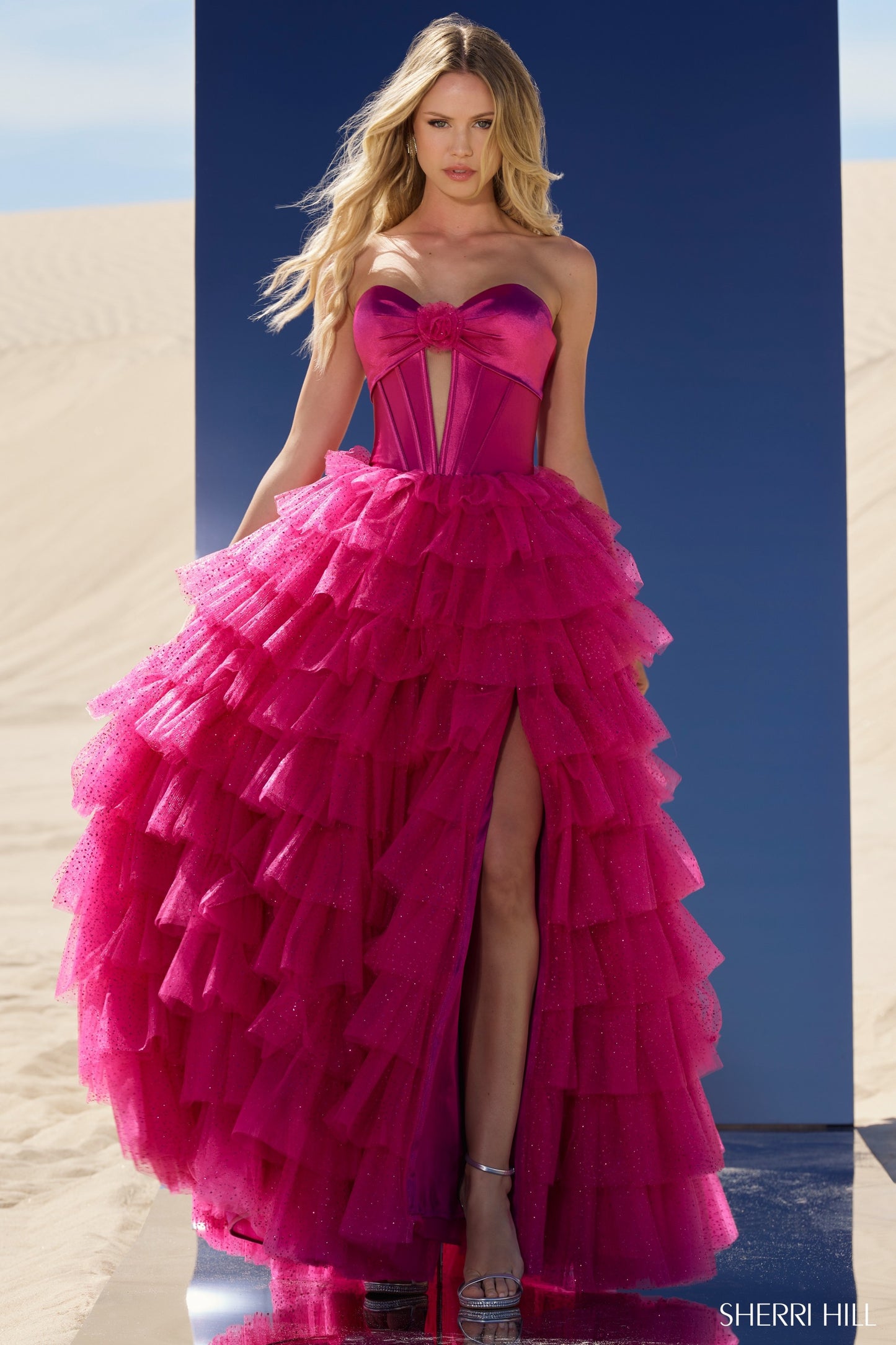 Sherri Hill 56804 Strapless Ball Gown with Keyhole Bodice, Tulle Ruffle Skirt and High Slit