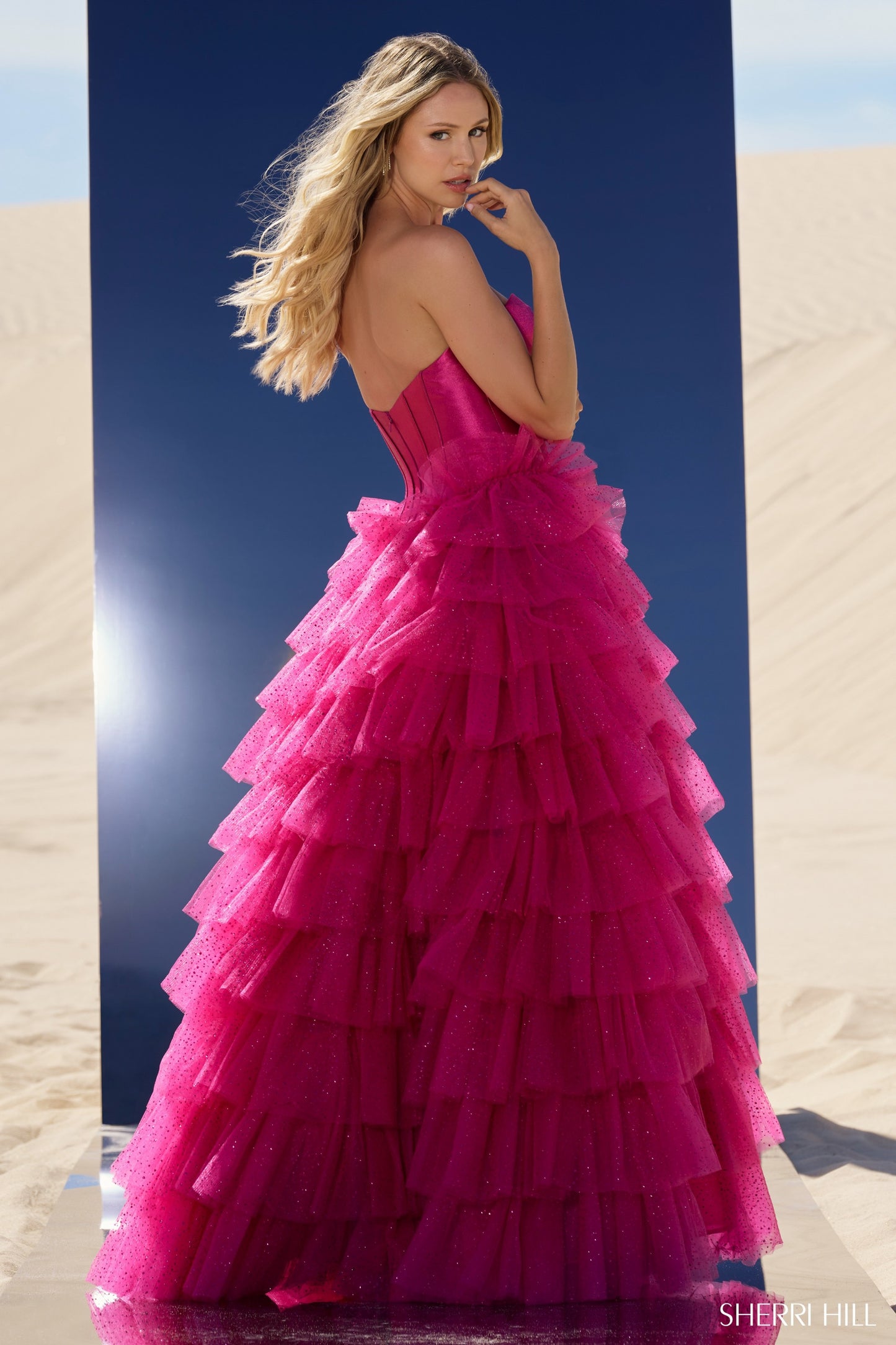 Sherri Hill 56804 Strapless Ball Gown with Keyhole Bodice, Tulle Ruffle Skirt and High Slit
