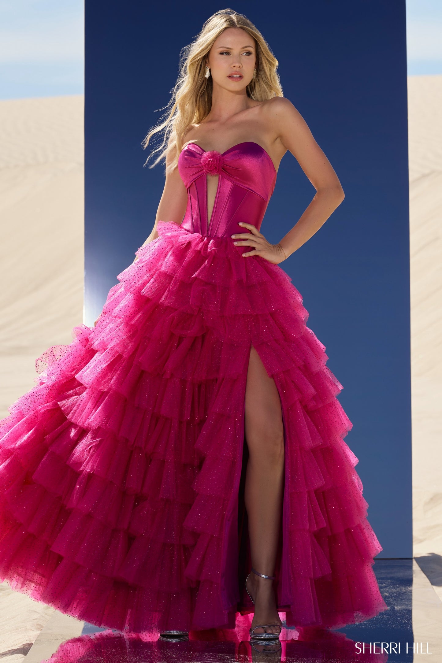 Sherri Hill 56804 Strapless Ball Gown with Keyhole Bodice, Tulle Ruffle Skirt and High Slit