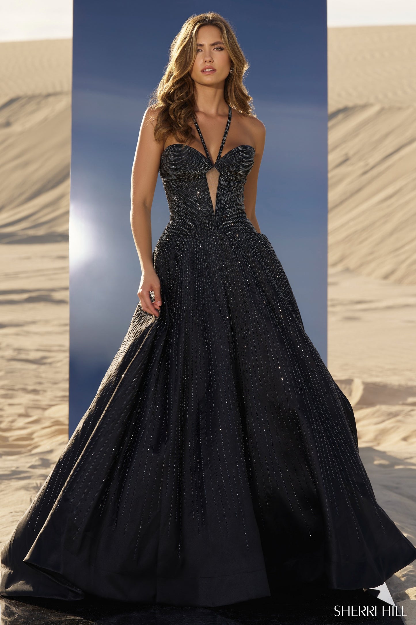 Sherri Hill 56815 Hot Fix Ball Gown with Sheer Keyhole on Bodice