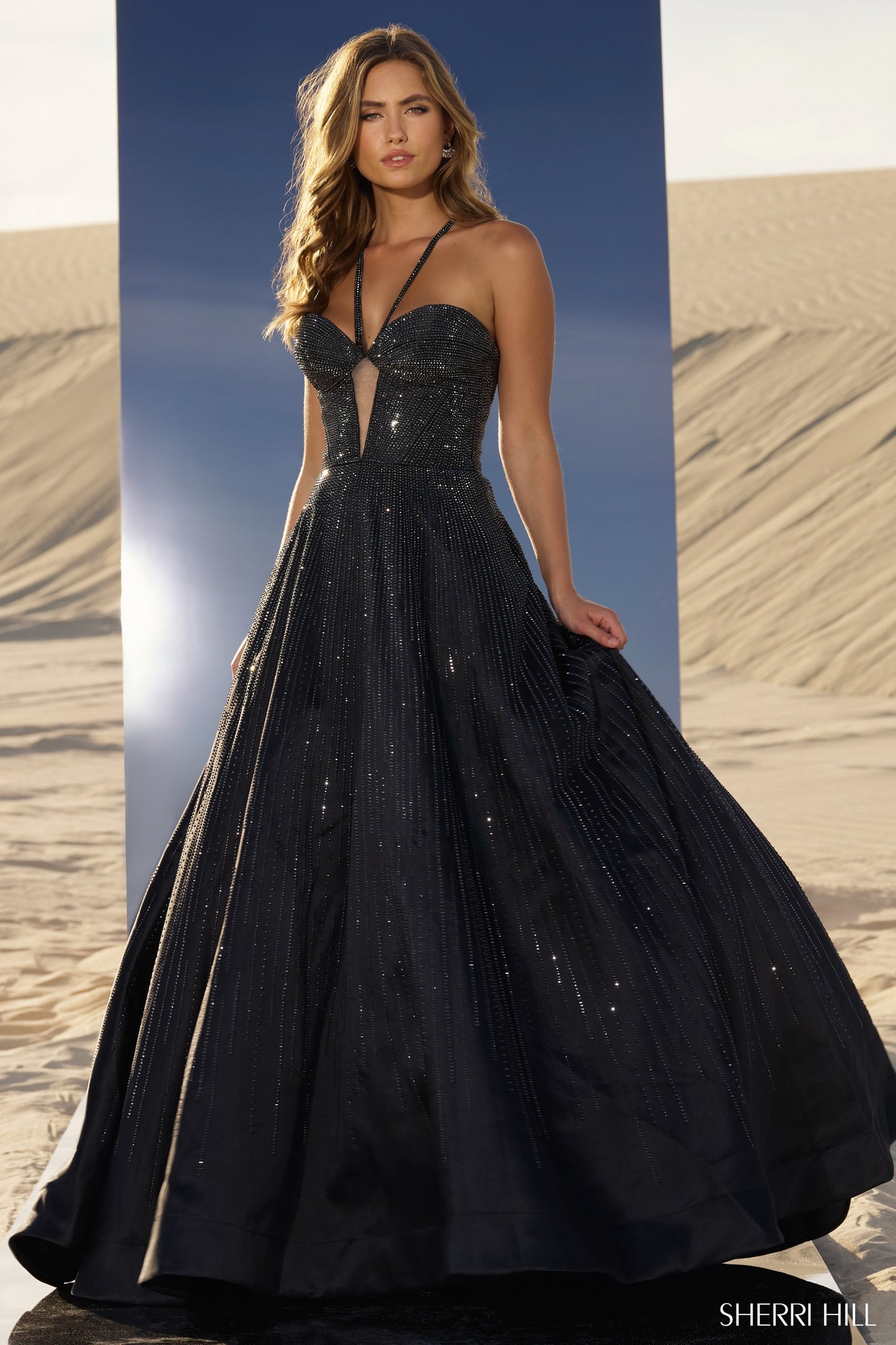 Sherri Hill 56815 Hot Fix Ball Gown with Sheer Keyhole on Bodice