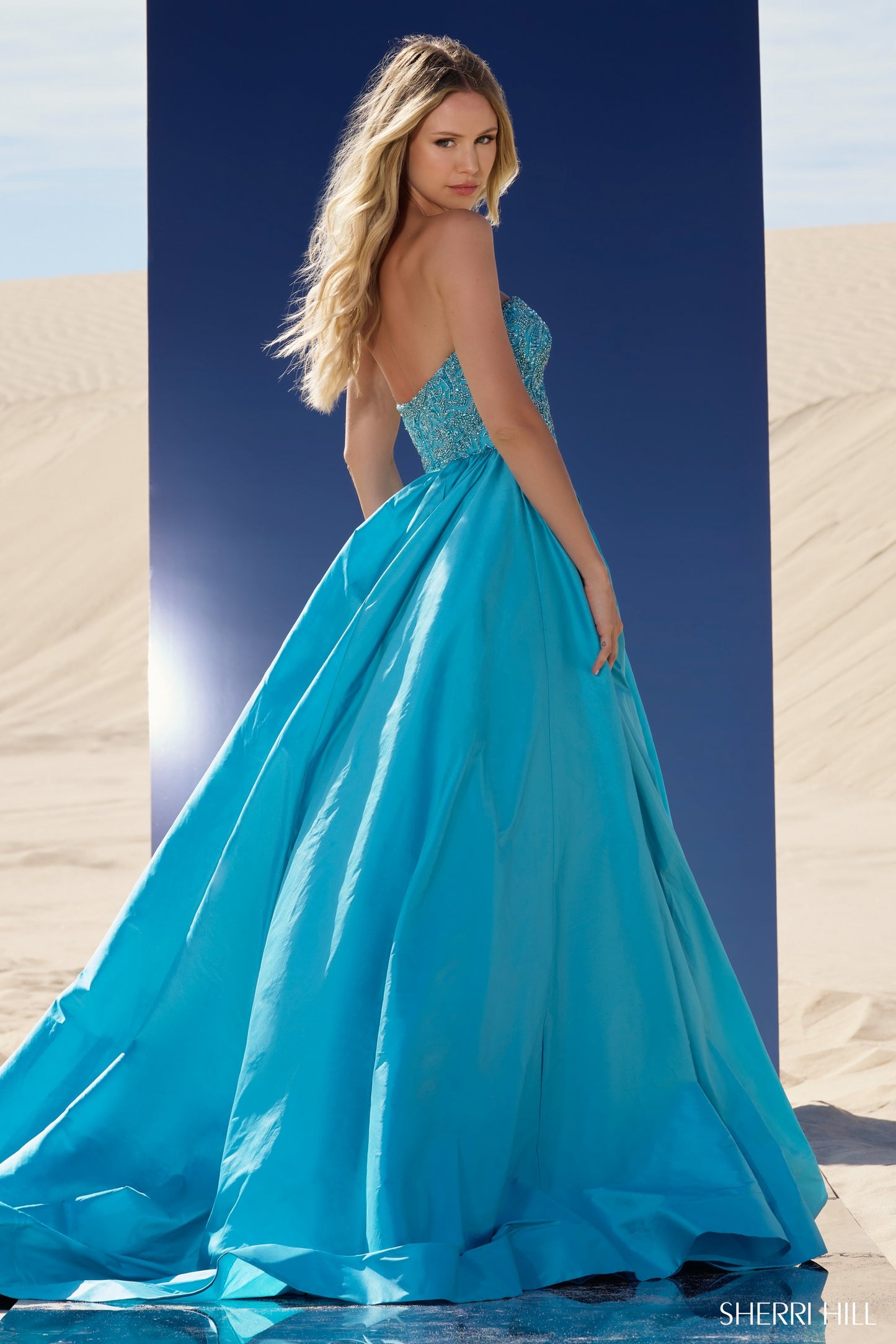 Sherri Hill 56830 Strapless Beaded Basque Waist Ball Gown with Taffeta Skirt Slit
