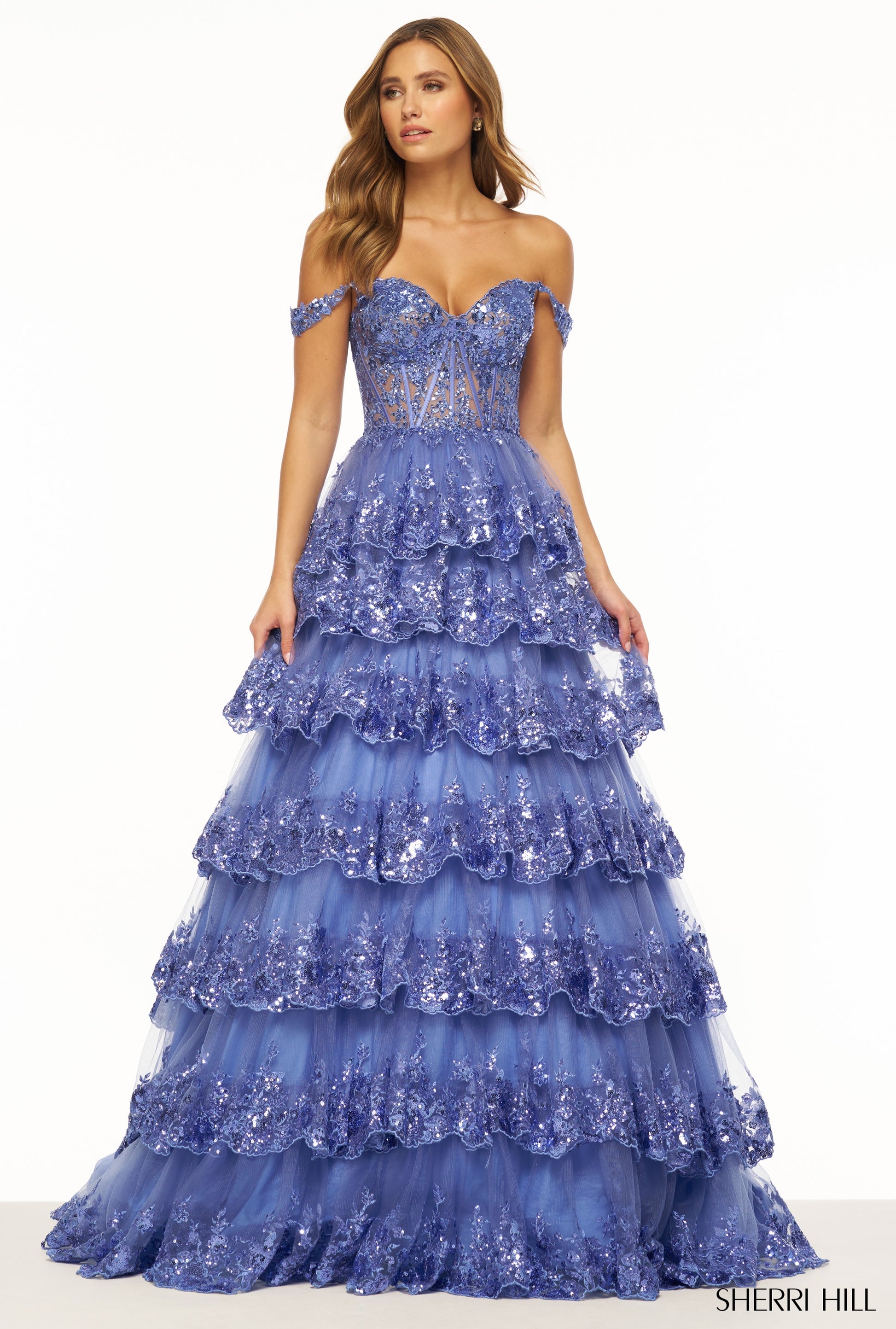 Sherri Hill Corset Sequin Tulle Lace Prom Gown 56196 Periwinkle / 16 Sherri Hill Corset Sequin Tulle Lace Prom Gown 56196 Periwinkle / 16