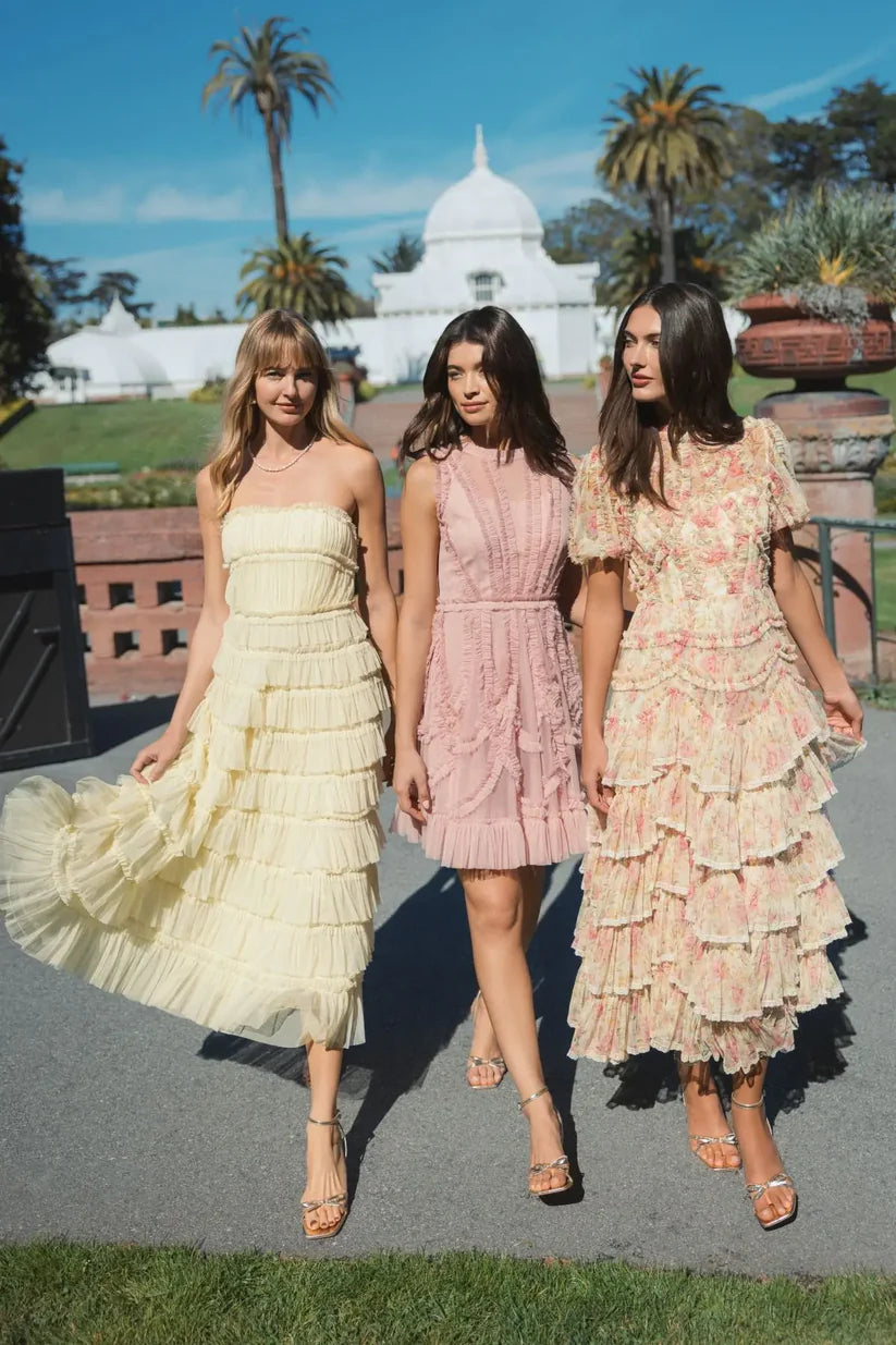 Mac Duggal 8286 Mesh Micro Ruffle Strapless Midi Dress