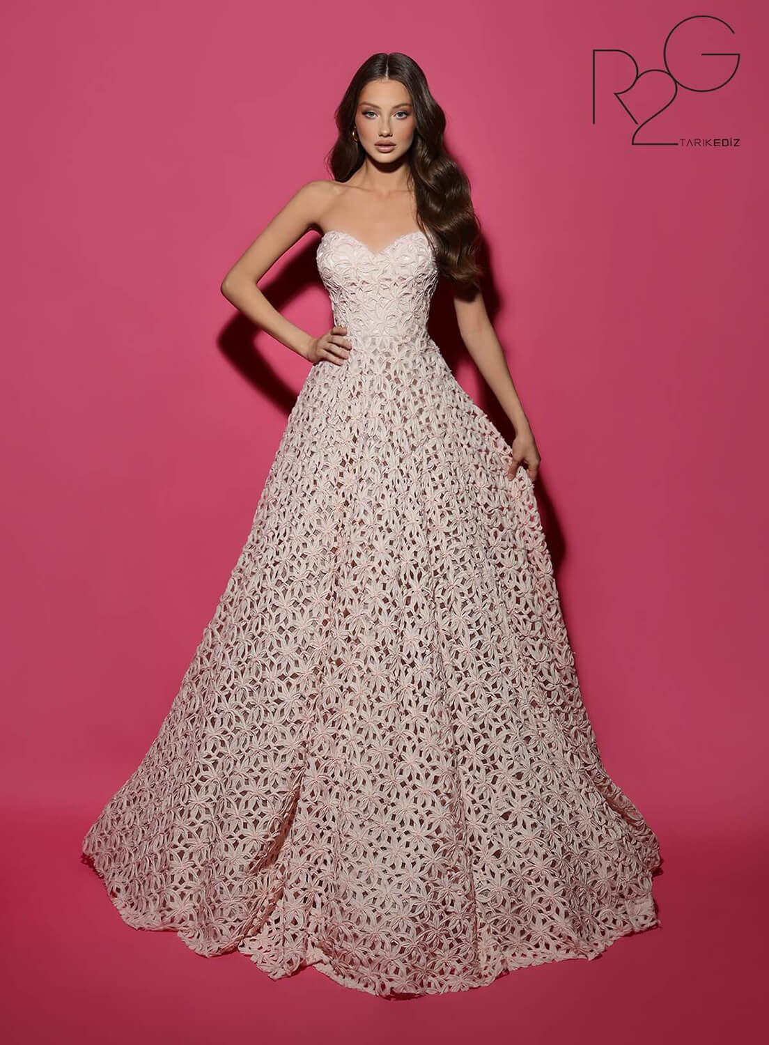 Tarik Ediz 53003 Lace Sweetheart Strapless Neckline Ball Gown pink Evening Dress